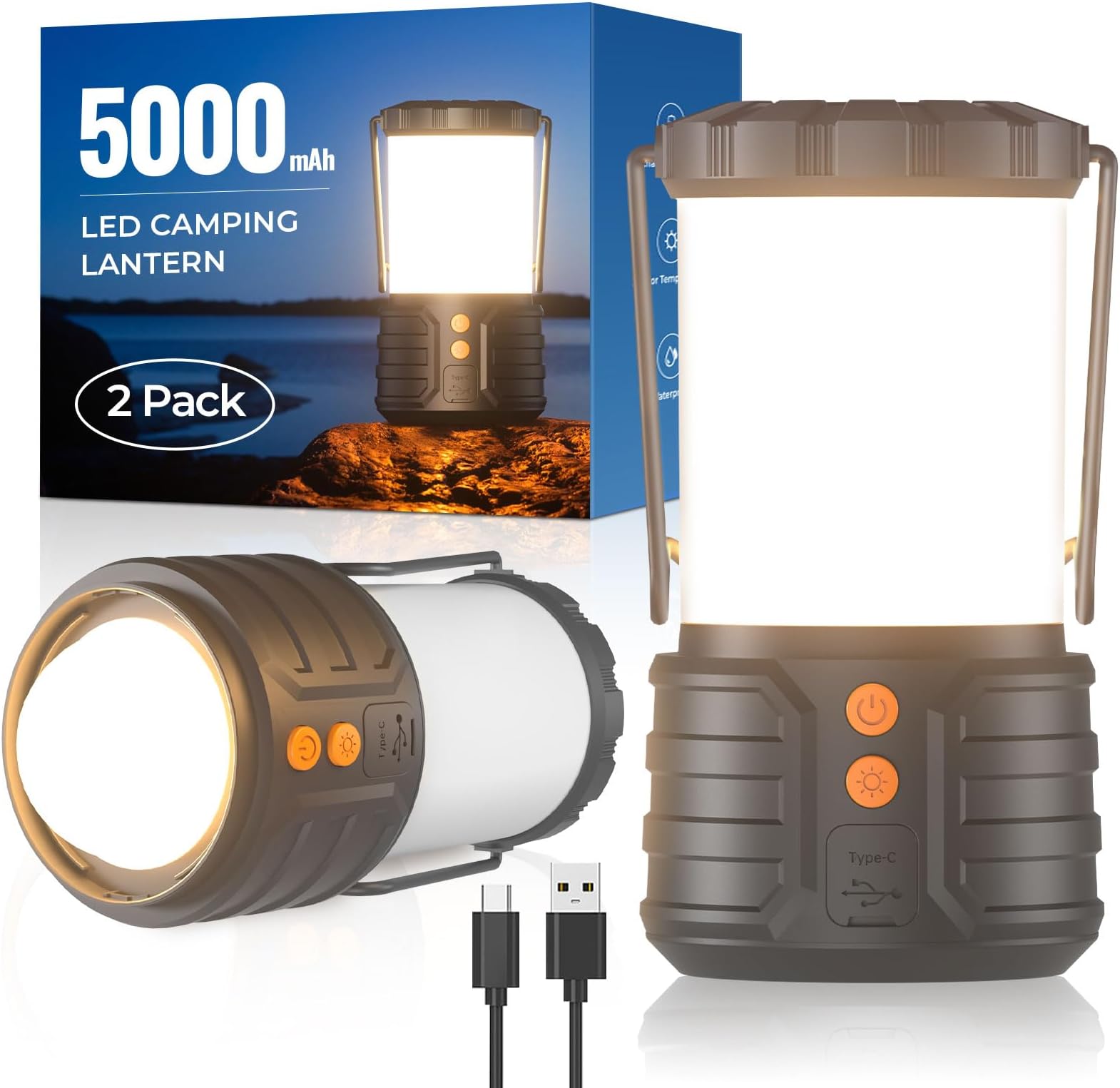 2 Pack Camping Lantern,Led Camping Lanterns,5000mAh Rechargeable
