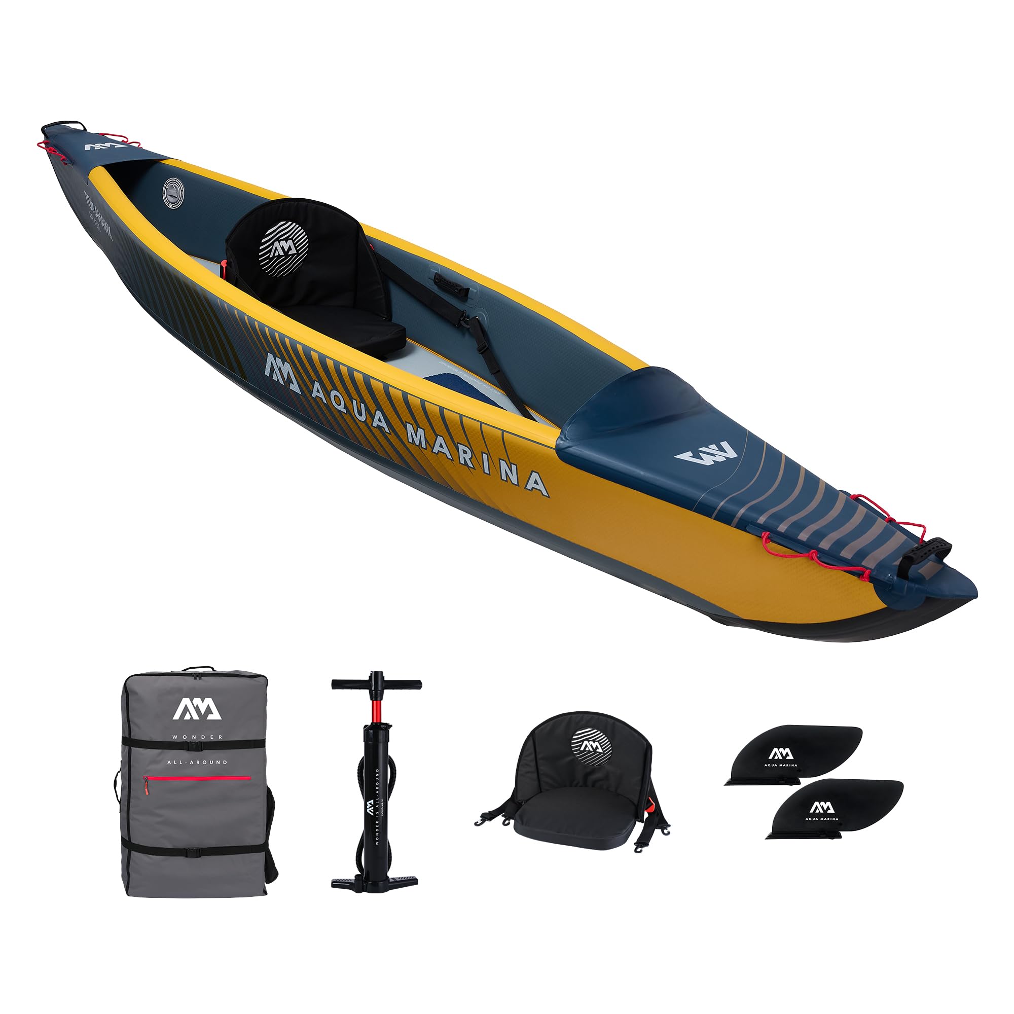 Aqua Marina Tomahawk, AIR-K - Kayak gonfiabile ad alta pressione, per 1 persona, lunghezza 375 cm, colore: blu marino/giallo