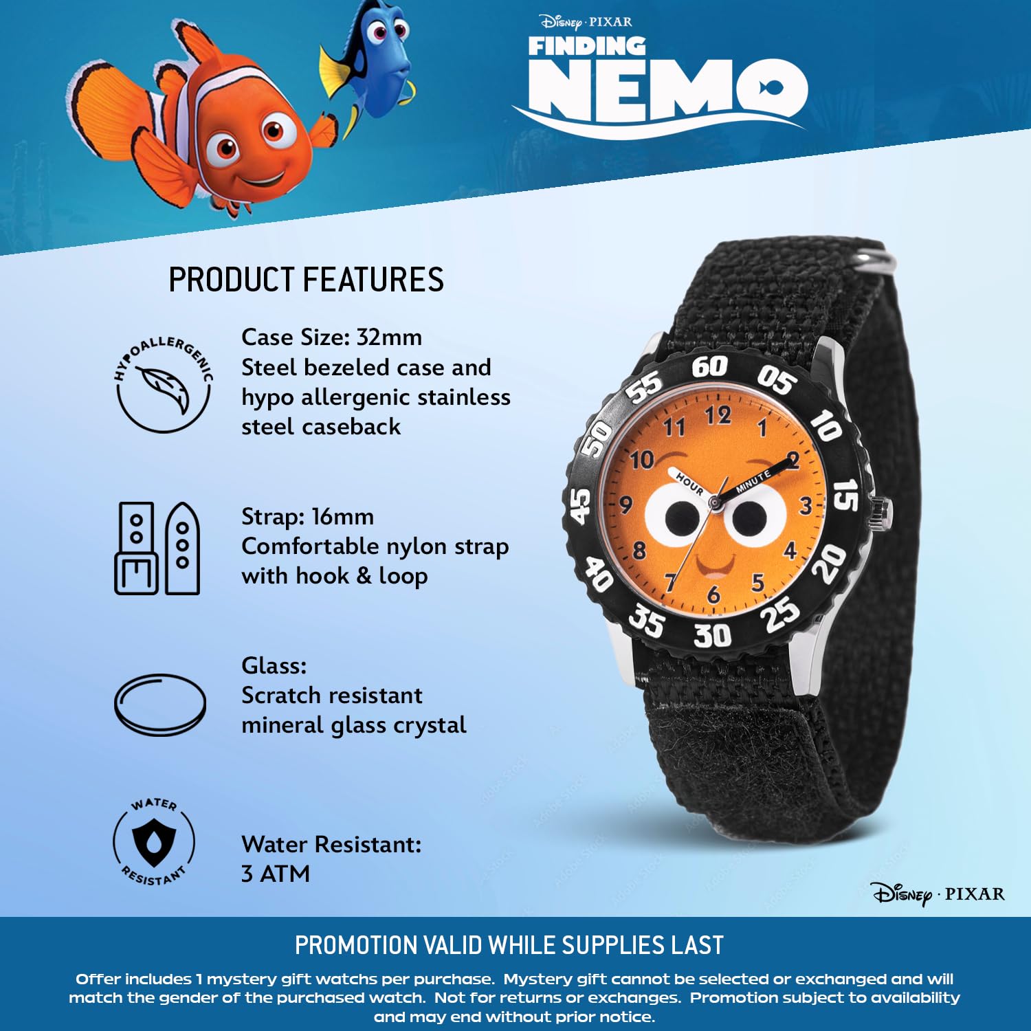 Disney Pixar Finding Nemo Orologio per bambini dai 3 ai 7 anni - con quadrante con personaggi Nemo - Ottimo regalo per ragazzi - Quadrante di facile lettura, lunetta nera e cinturino in nylon nero