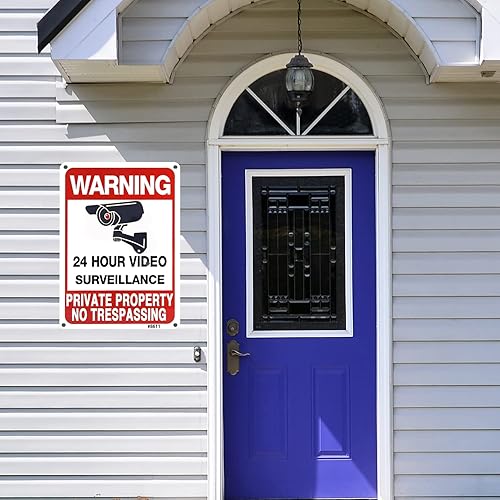 Miniatura 4 de Juego de 4 letreros de advertencia de videovigilancia las 24 horas, aluminio, 10 x 7 pulgadas, impresión UV, disuasorio para la propiedad privada,