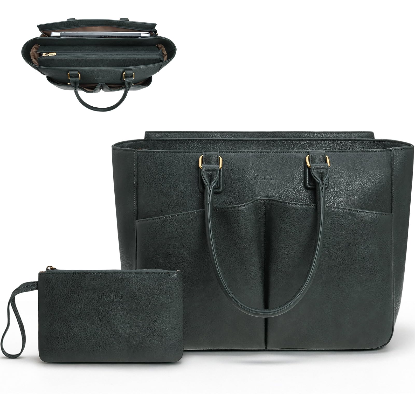 Laptop Tote Bag for Women, Leather Work Tote with Padded Laptop Compartment, Cup Holder, Office Computer Briefcase