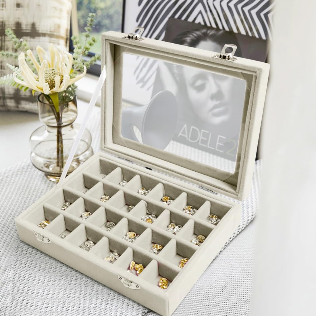 Portagioie Natseekgo 24 Scomparti Grigio, In Legno E Velluto, Con Coperchio In Vetro E Serratura - Foto 6