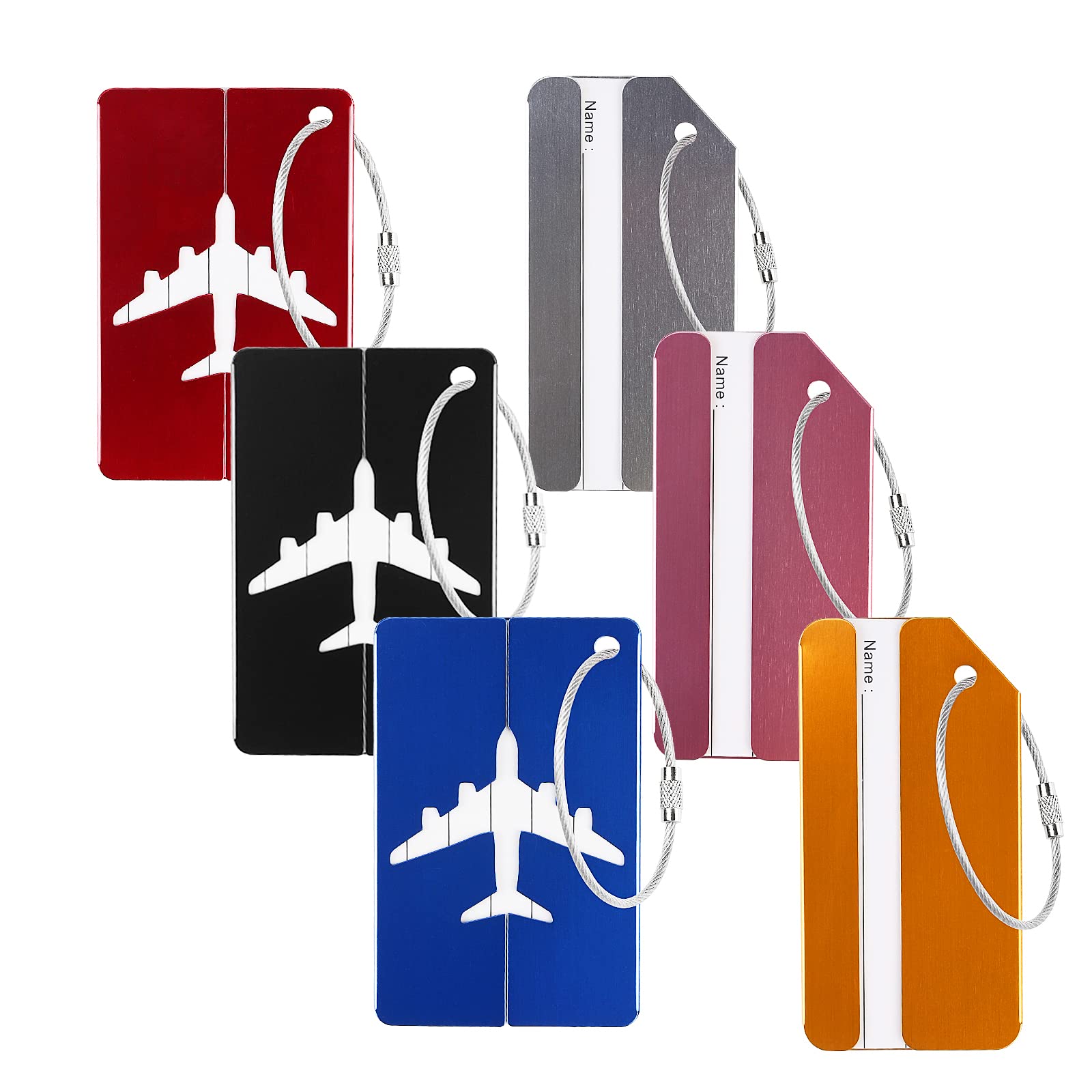 6 Pcs Étiquette Bagage, ZoomSky Etiquettes Valise Avion en Aluminium avec Cordes en Acier Inoxydable Pour Voyage Identifier
