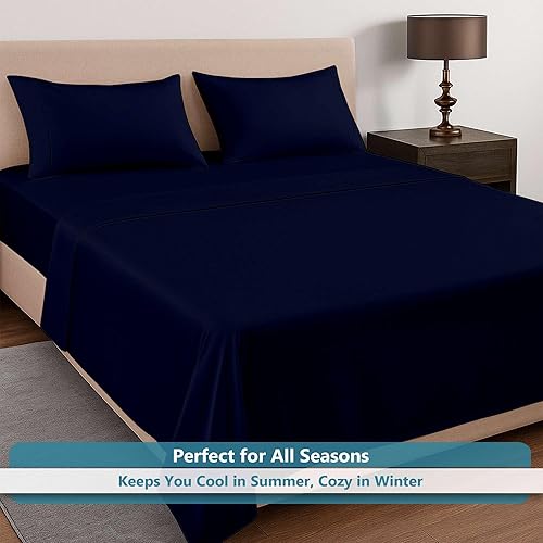 Miniatura 6 de Juego de sábanas de 4 piezas tamaño individual (39 x 75 pulgadas), color azul marino, 100% algodón egipcio, sábanas refrescantes de 600 hilos,