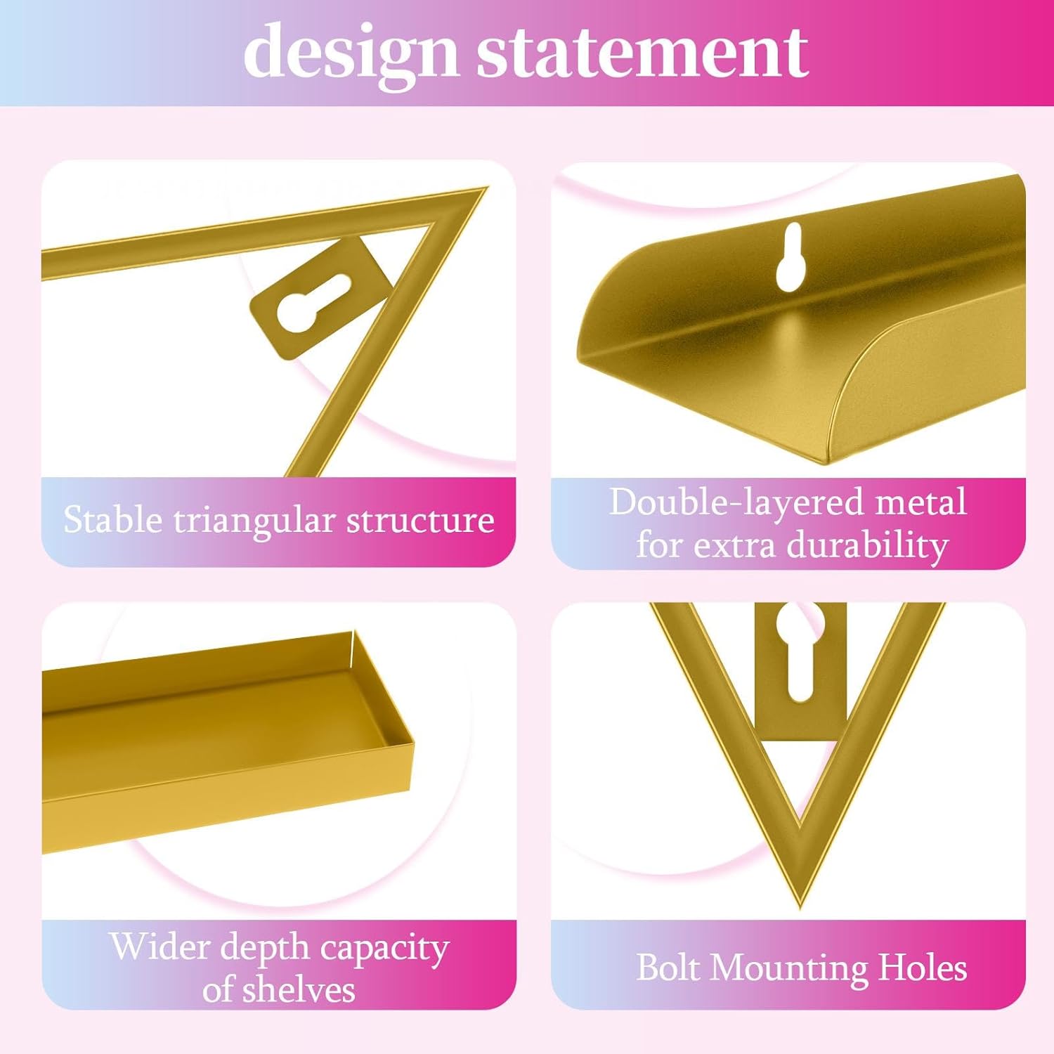 Wall Nail Polish Organizer 5 Tiers - 10pcs Nail Polish Shelf for Walls - Versatile Nail Polish Wall Organizer for Makeups Lipstick Perfume Display in Spa Nails Salon Shop, Easy Installation (Gold)