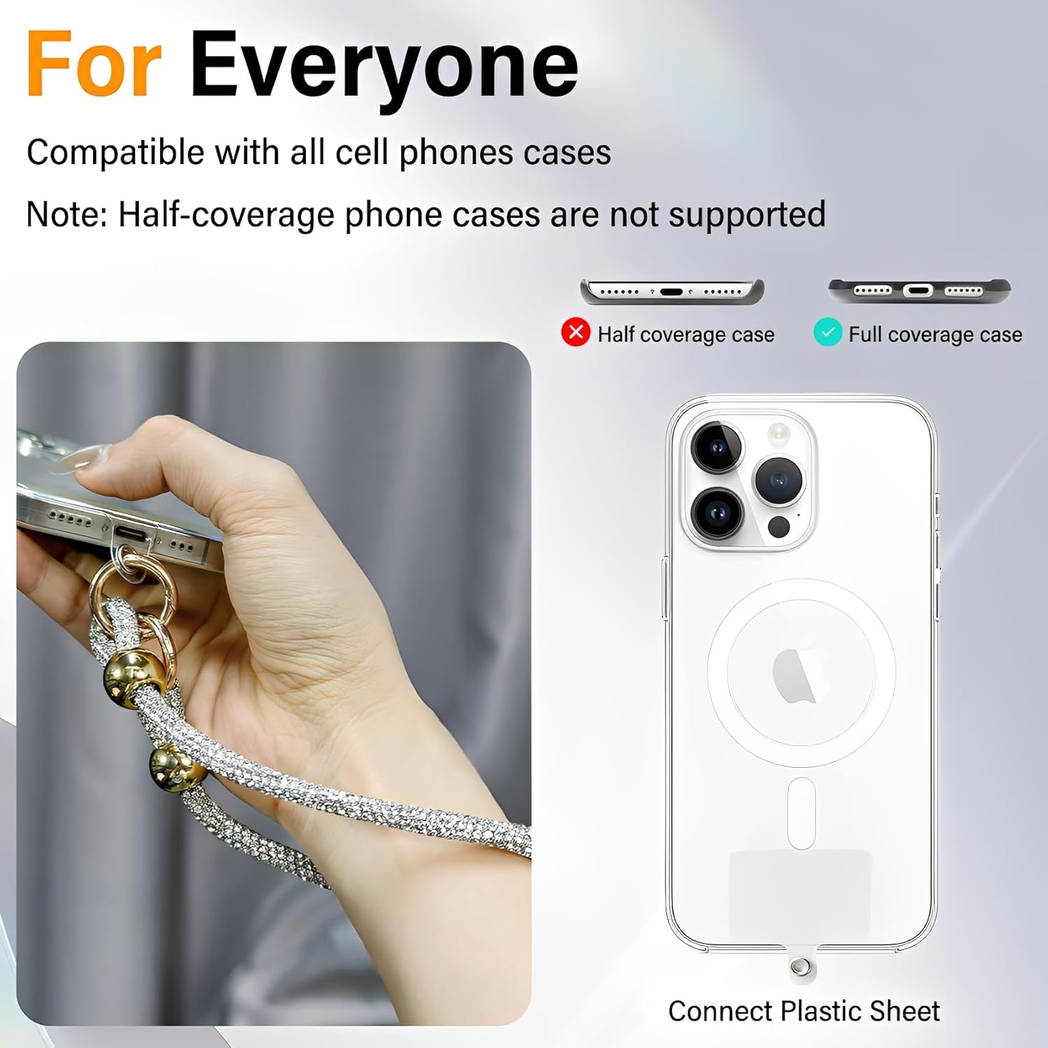 CCSmall Luxury Diamond Phone Wrist Strap, Detachable Lanyard Hands-Free Anti Theft Phone Charm for Women Girl with Full Rhinestone Bling Glitter Keychain for iPhone Samsung Xiaomi Moto HL Silver - Image 4