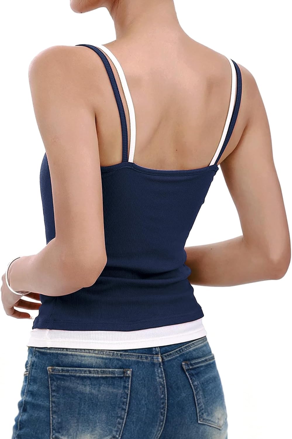 Women's Ribbed Henley Tank Top Button V Neck Layered Camisole Built-in Bra Slim Fit Summer Cami - Image 2
