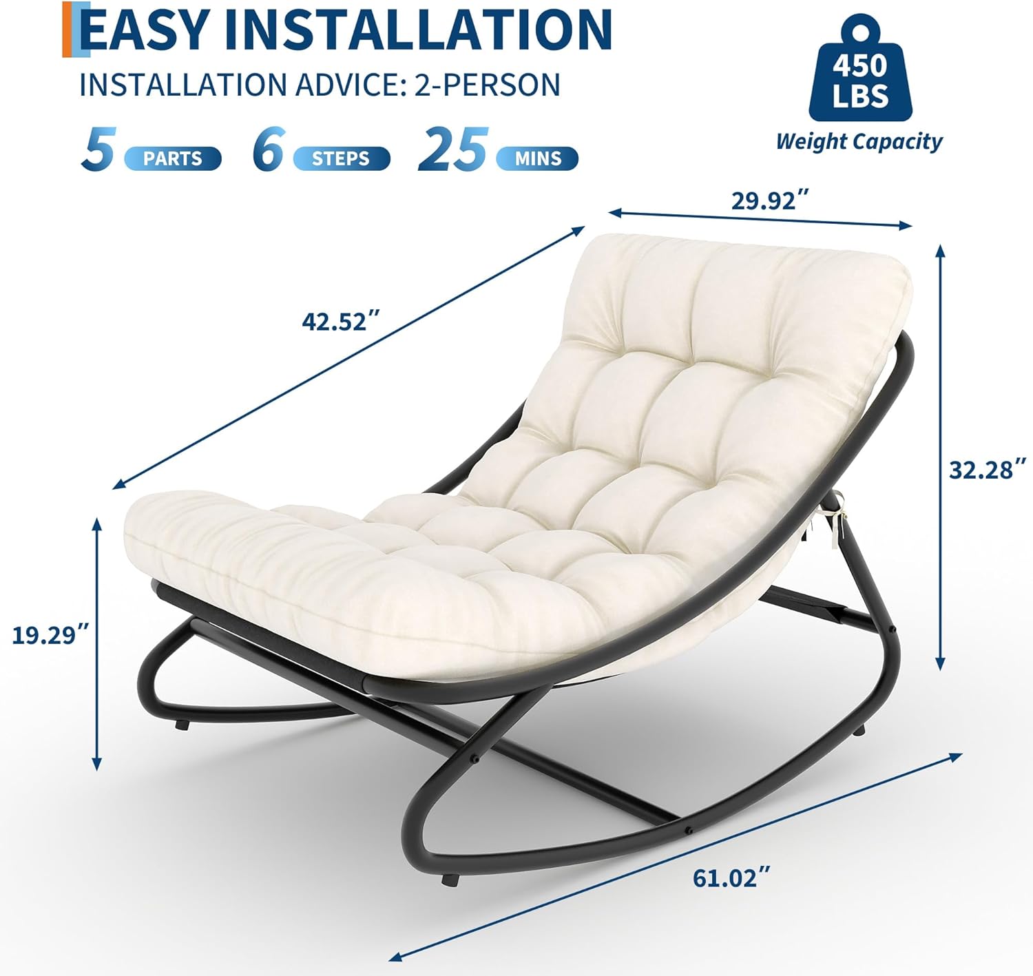 GarveeHome Indoor Outdoor Papasan Rocking Chair, Oversized Papasan Rocking Chair with Thick Cushion, 450 LBs Support, Comfy Rocking Egg Chair for Bedroom, Living Room, Porch, Garden, Patio - White