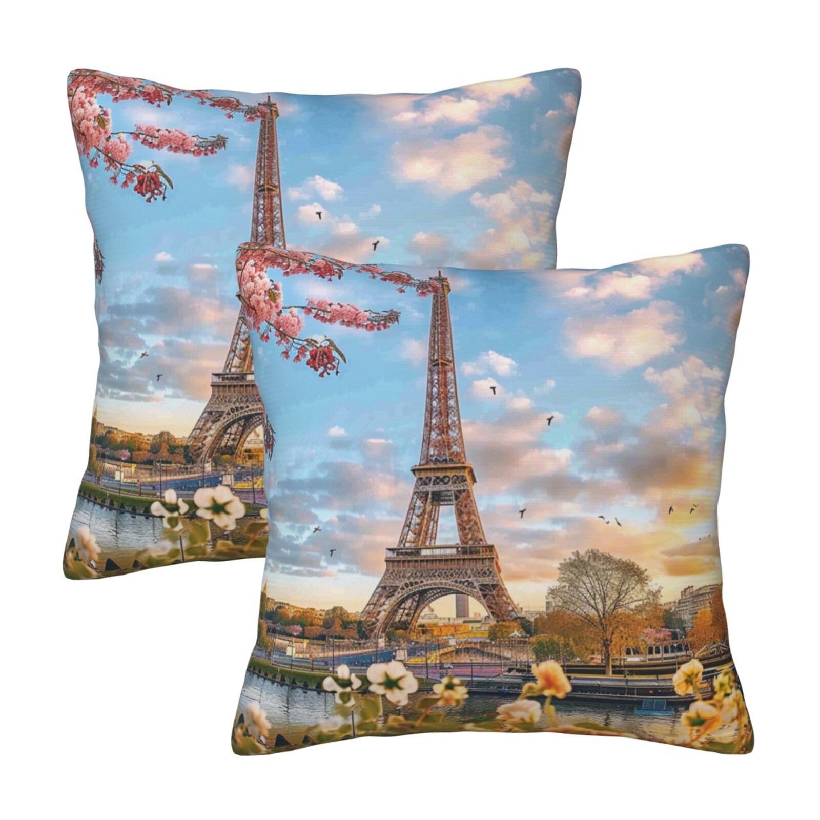 paris eiffel tower with flowers Throw Pillow Cases 2 Pack Square Pillowcases Soft Pillow Protectors for Couch Livingroom Sofa Bed Office Car,30x30 CM