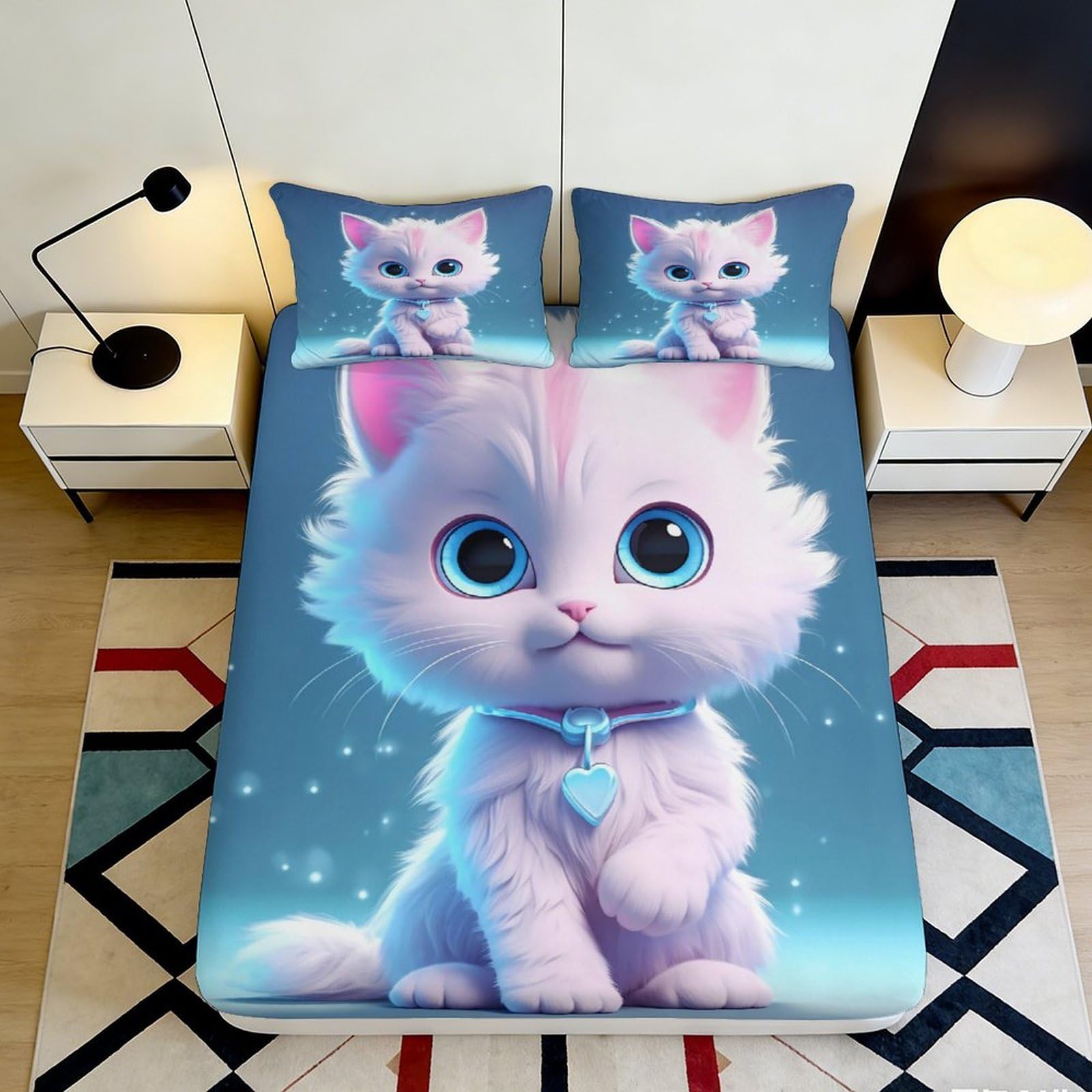 3D Printed Cute Cat Fitted Sheet Microfiber Deep Pocket Bedroom Bedding for Adults Teen Cat Mattress Fitted Cover 90x200x25cm