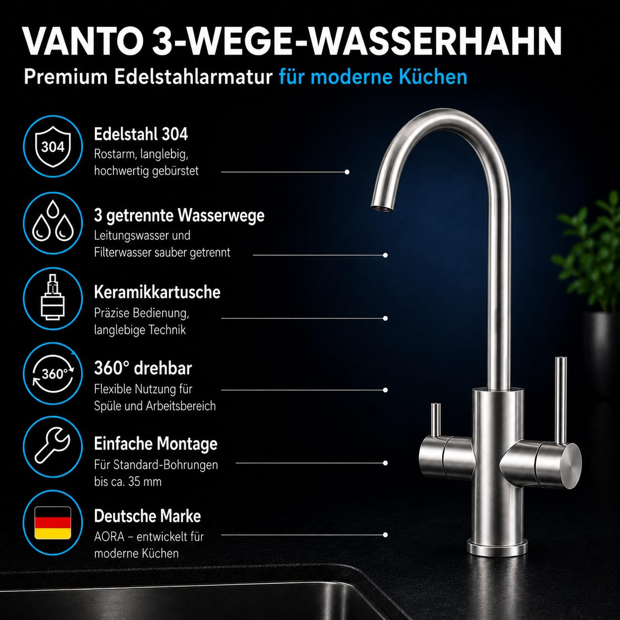 AORA VANTO INOX 3-drożny kran ze stali nierdzewnej, masywny, armatura kuchenna do filtra wody i instalacji osmozy, obracana o 360°, armatura zlewozmywakowa z oddzielnymi przewodami, kran z filtrem