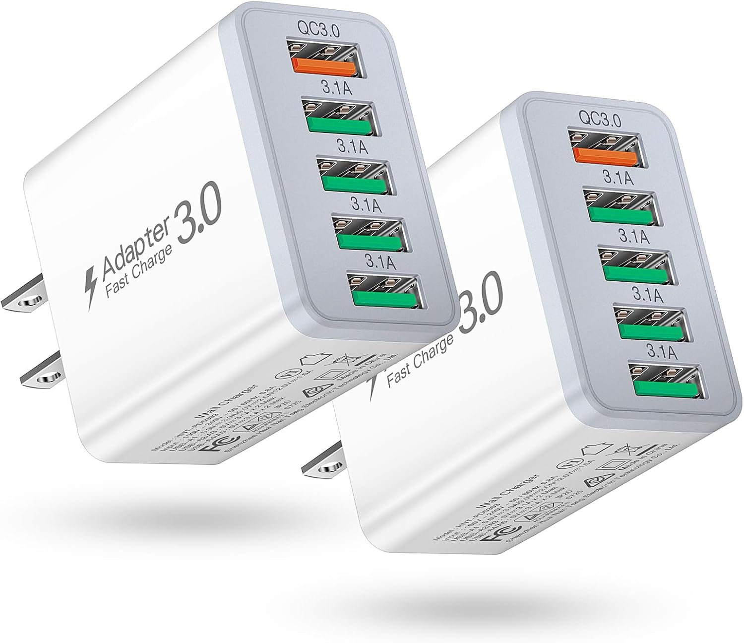 2Pack 50W USB Wall Charger, 5-Port Fast Charging Block Cube Power Plug Adapter Multi Port 3.0 Phone Charger Box Brick for iPhone 17 16 15 Pro Max Plus, Samsung Galaxy S25, Pixel,Android Phones