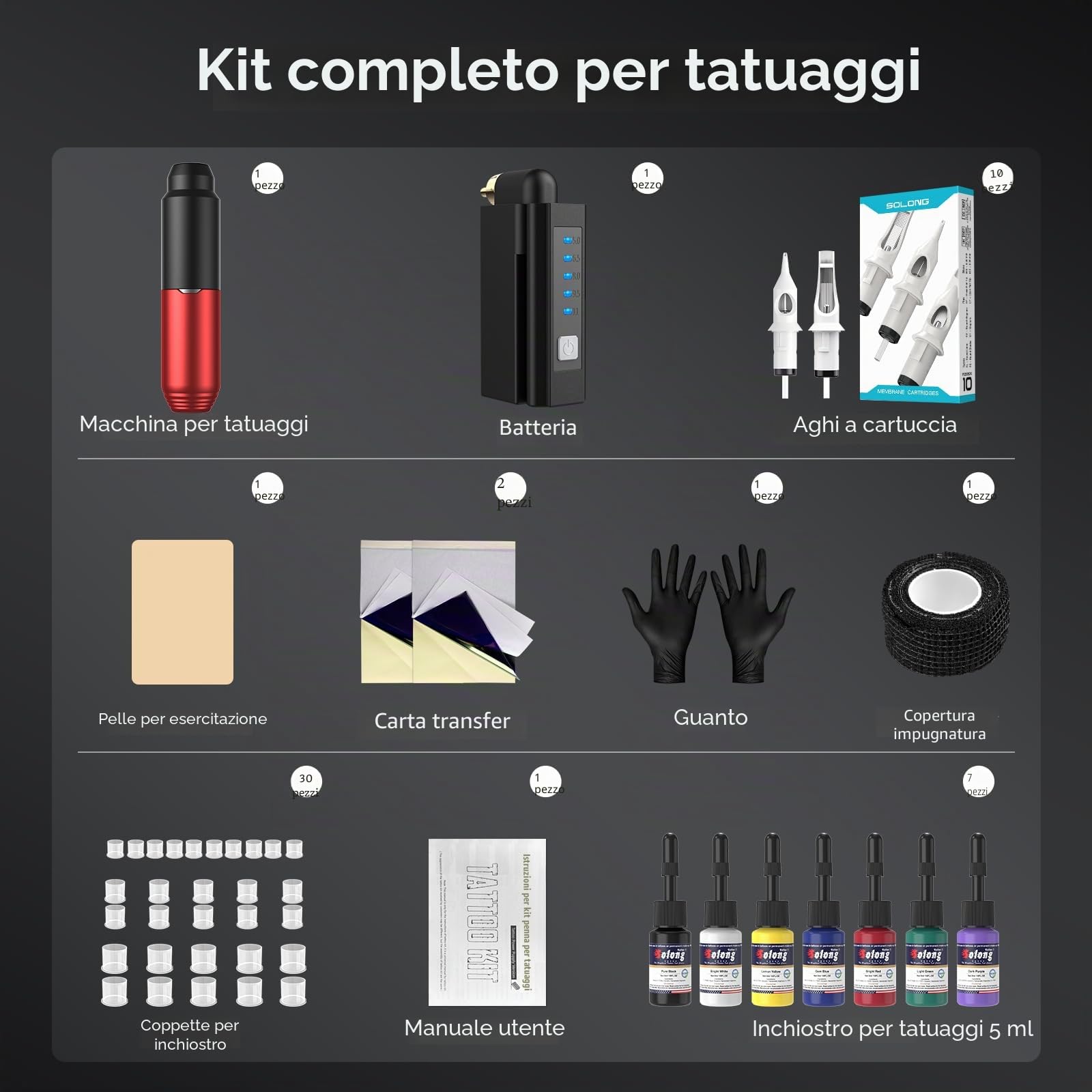 Solong Tattoo Set macchine con aghi inchiostro alimentazione 1500 mAh per principianti professionisti SLP51KITEU-2