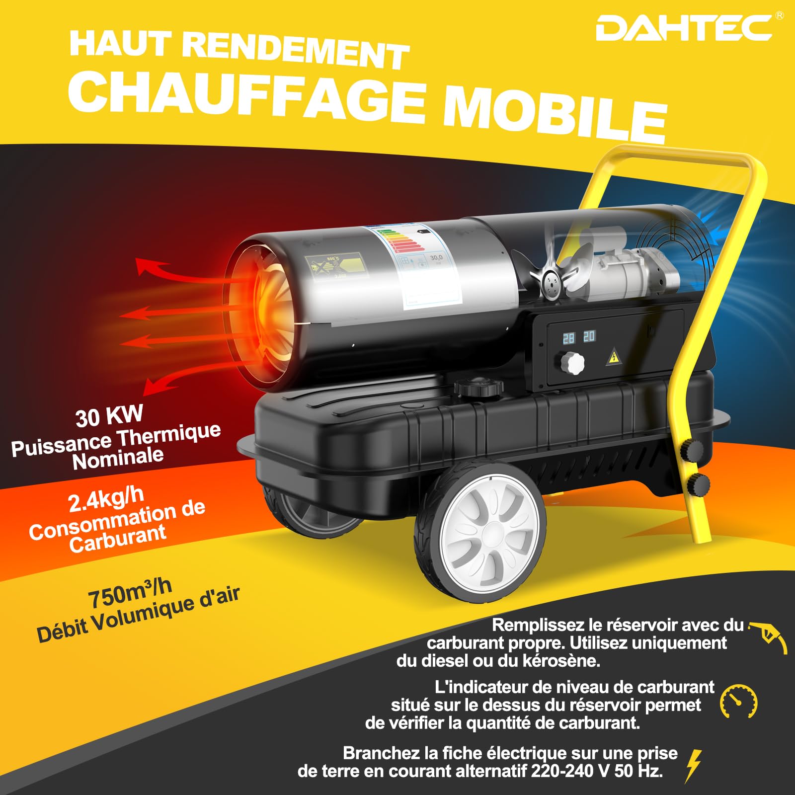 Chauffage Diesel Haute Performance 30 kW - Radiateur Industriel - Surface Chauffée : 320 à 420 m² - Thermostat Réglable & Indicateur de Niveau d'huile - Pour Ateliers, Chantiers, Agricole