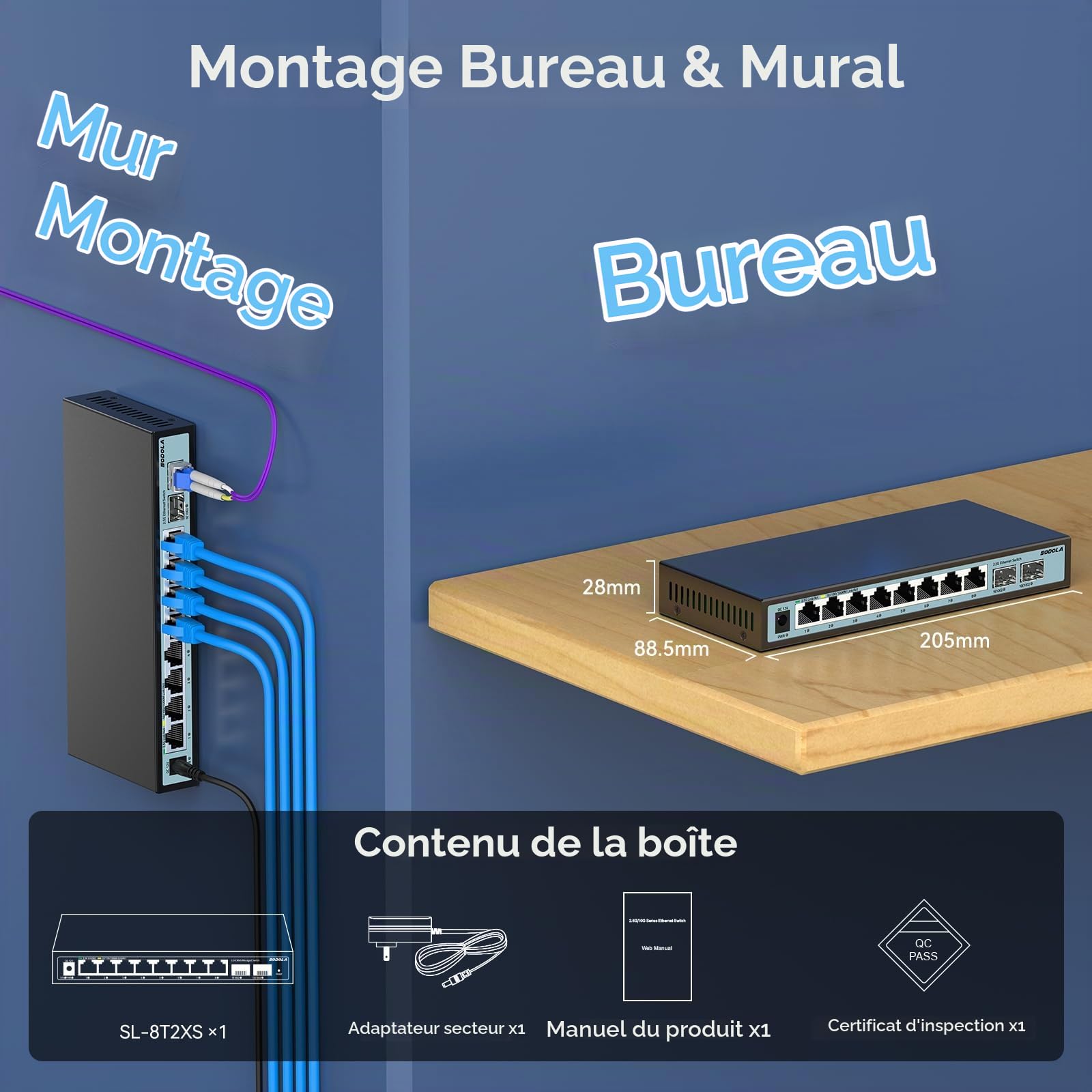 SODOLA Switch 2.5 Gigabit 8 Ports avec 2 Port SFP+ 10G‌ | Plug-and-Play, boîtier métallique, sans ventilateur, montage bureau/mural, adapté aux PC, NAS, serveurs