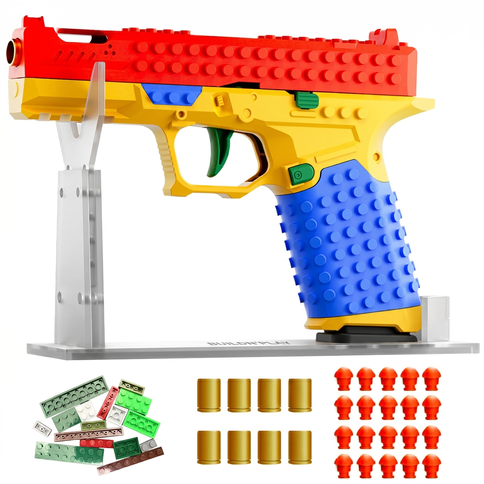 BAZIL BAZOS Building Block Toy Gun Set, Multicolor, DIY Tactical Handle, Outdoor Team Activities, Includes Display Stand and Ammunition