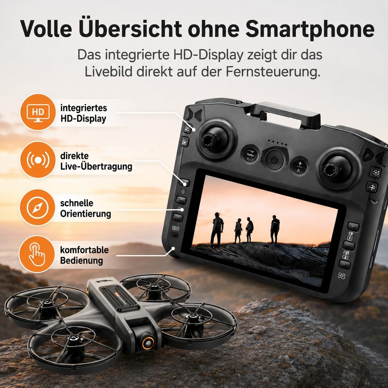 RC Drohne mit HD Dual Kamera, Display Fernbedienung, Brushless Motor, 90° Kamera, FPV Livebild, Optical Flow, 360° Flip, LED, für Anfänger und Kinder (Schwarz, Akkus: 2 St.)