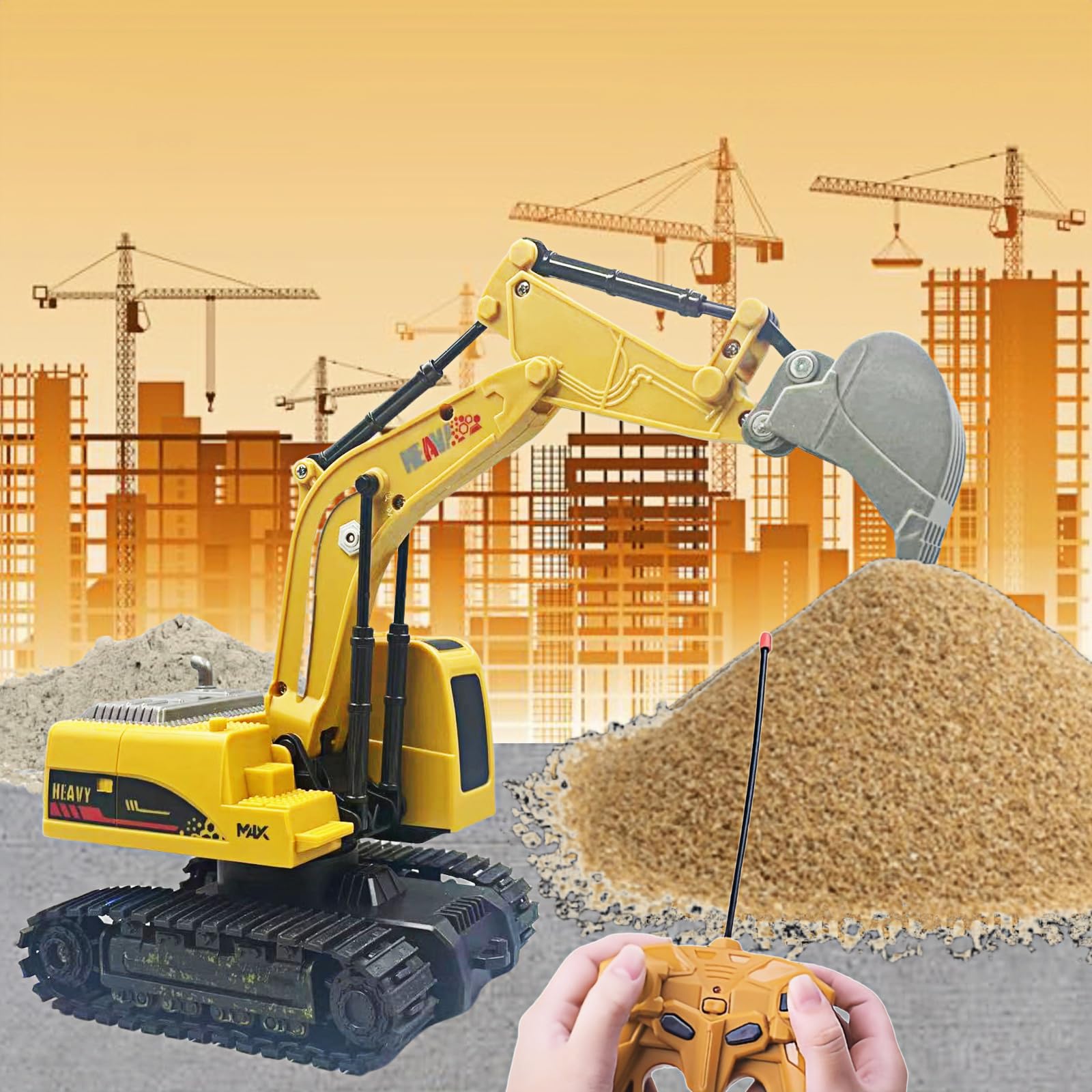 1:24 Scala 6 Canali Escavatore Telecomandato per Bambini, Escavatori Radiocomandato,Escavatore Idraulico per Ragazzi con luci,demo a un tocco, Sand Digger Regali per Bambini dai 4-7 Anni.