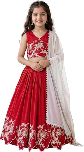 LilOraa Girls Lehenga Choli Set with Dupatta | Readymade Embroidered Ethnic Wear for Kids | Wedding Dress for Girls (2–8 Y...
