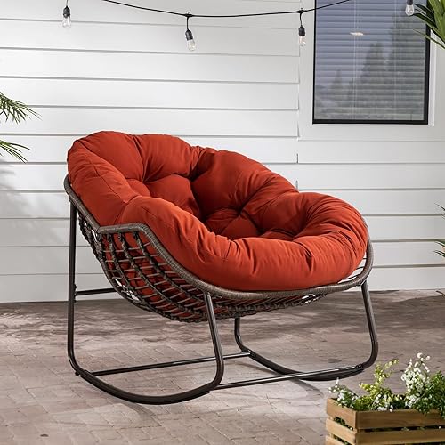 Mecedora para patio al aire libre, silla mecedora de huevos de ratán para interiores, cómoda silla Papasan de gran tamaño con cojín más grueso para