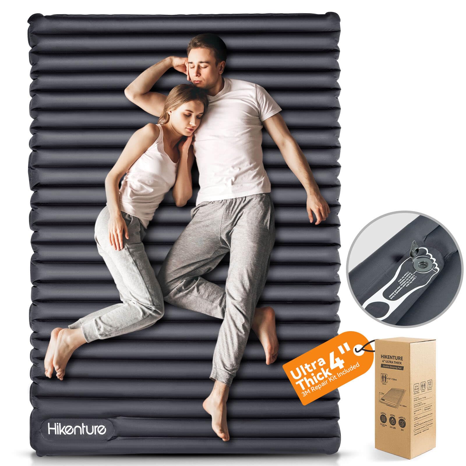 Hikenture Double Sleeping Pad for Camping, 4" Extra-Thick Camping Mattress 2 Person, Inflatable & Ultralight Sleeping Mat for Backpacking, Hiking (Grey Foot Pump, Full XL)