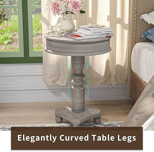 Miniatura 6 de SUNBURY Juego de 2 mesas auxiliares de granja de 18 pulgadas mesa auxiliar redonda de madera para sala de estar mesa auxiliar ligera de MDF mesa