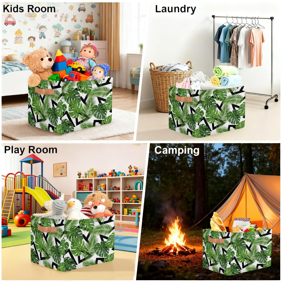 Rechteckiger Aufbewahrungskorb mit Ledergriffen, moderner Kunst-Stil, Palmenblätter, 2 Stück, faltbarer Stoff-Aufbewahrungskorb für Schrank, Badezimmer, Wohnzimmer, Büro, Spielzeug, Organizer