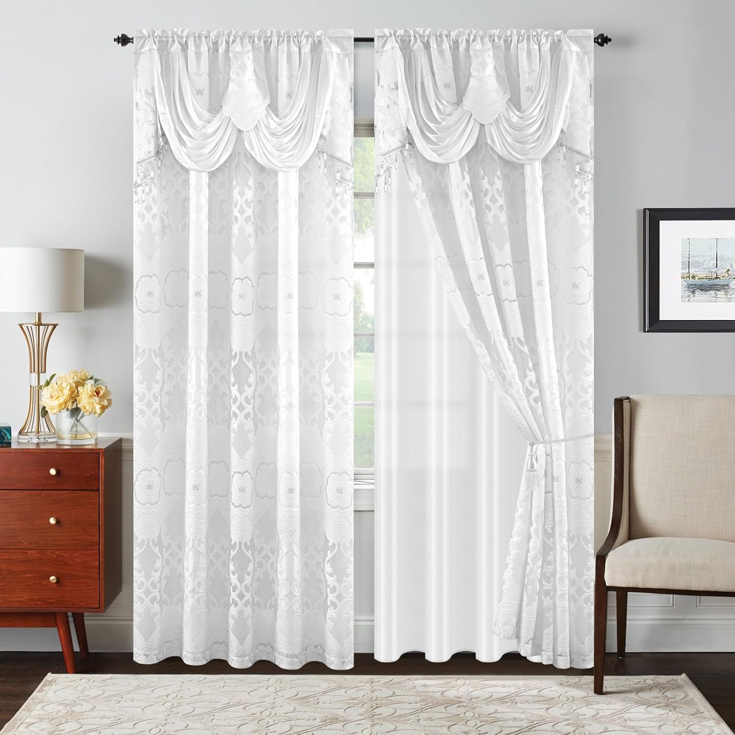 Petrichor Gray Sheer Jacquard Voile Curtains （54" W x 63" L）, 2 Panels with Attached Valance, Double Layer Floral Cutwork Design with Luxurious Texture, Rod Pocket, for Bedroom & Living Room