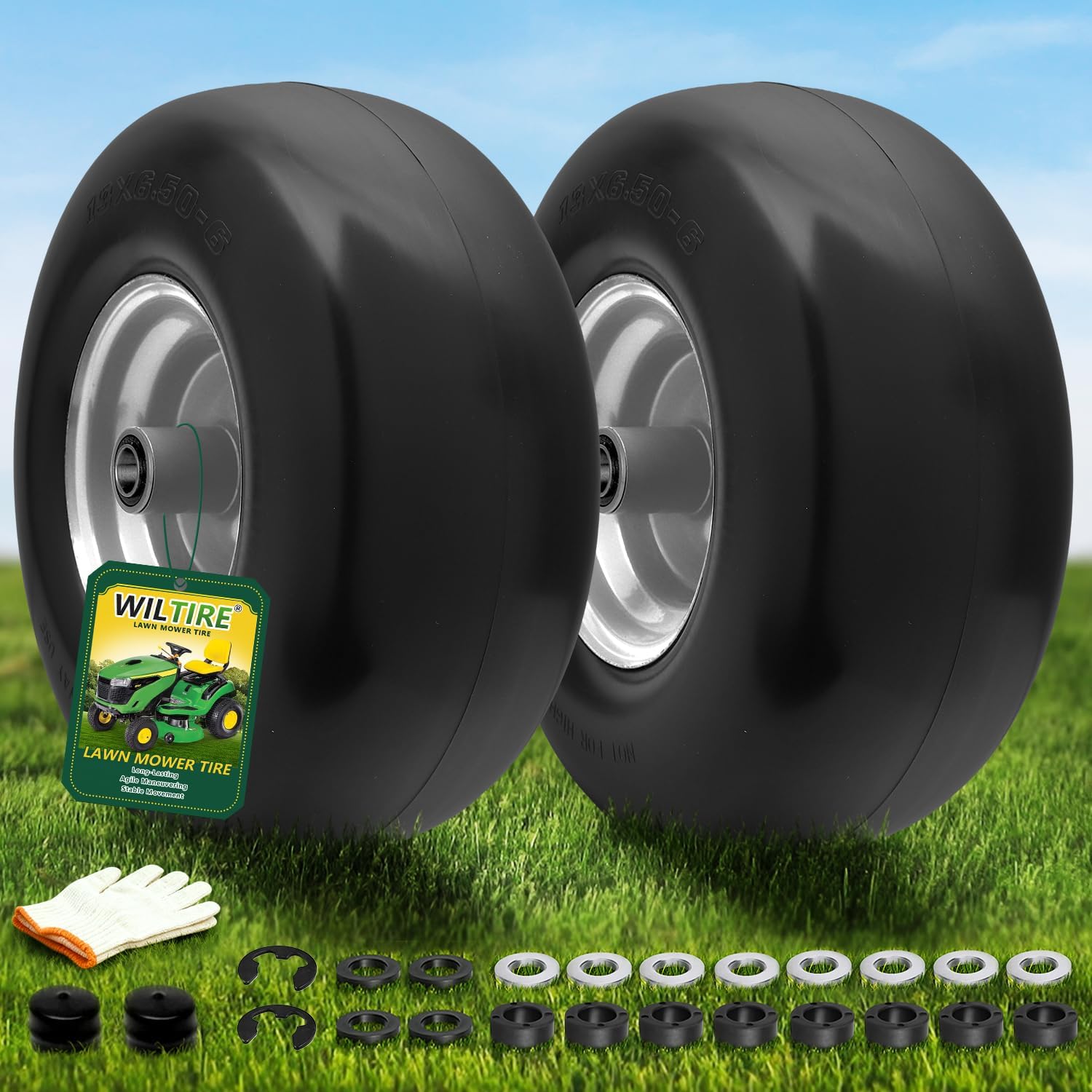 2 PCS 13x6.50-6 Flat Free Lawn Mower Tire and Wheel,13x6.5-6 Solid Smooth Tread Tire for Zero Turn Lawn Mowers Front Tires,with 3/4" & 5/8" & 1/2" Bearings,5.5"-8" Centered Hub