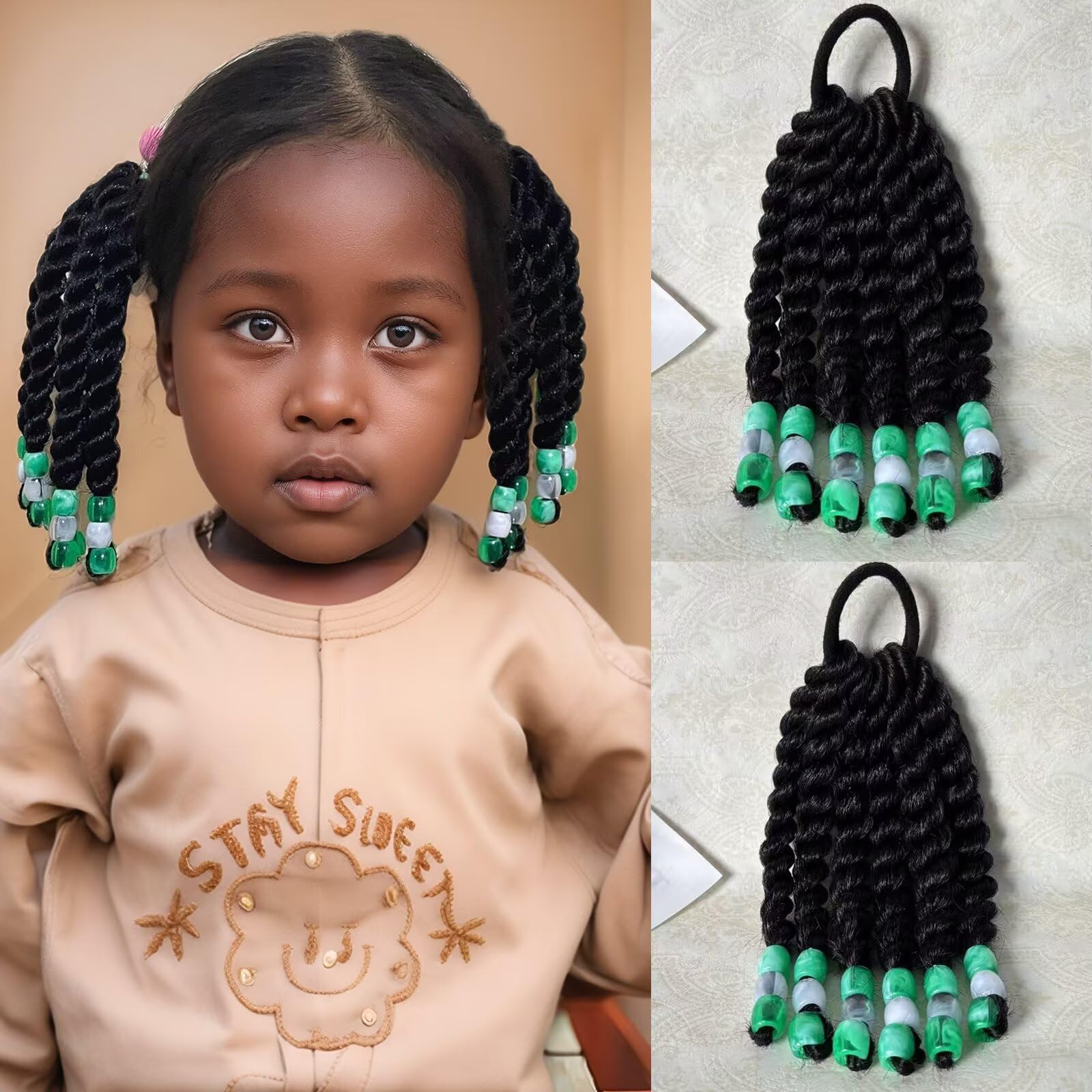 Kids Ponytail Extension With Beads 6inch 2 Pieces Two-Strand Twists Hairstyles for Kiddies Cute Braids Kids Ponytails for Black Girls(Green Beads)