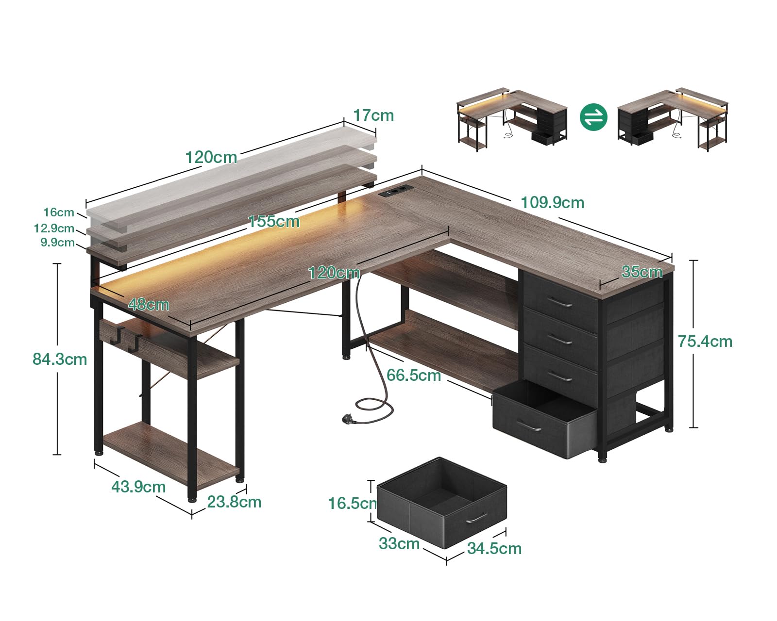 ODK Escritorio con Cajones, 155×110cm Escritorio Esquinero Reversible con 2 Enchufes y 2 Puertos USB, Mesa de Oficina en Forma de L con LED para Oficina en Casa, Roble Gris