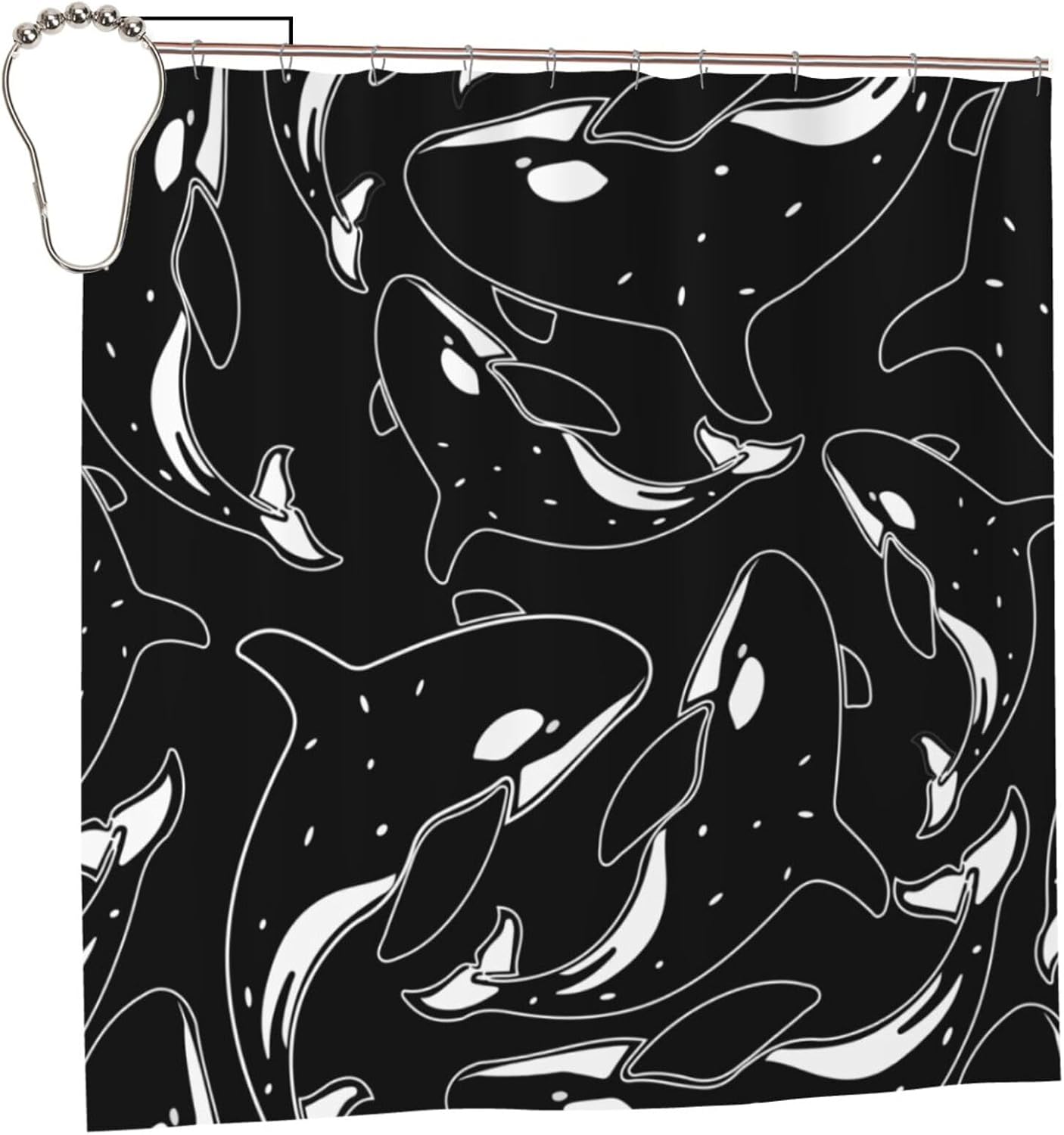 Whale Orca Killer Black Shower Curtain, 72 x 72 Inch Bathroom Home Waterproof Polyester Fabric with 12 Iron Hooks