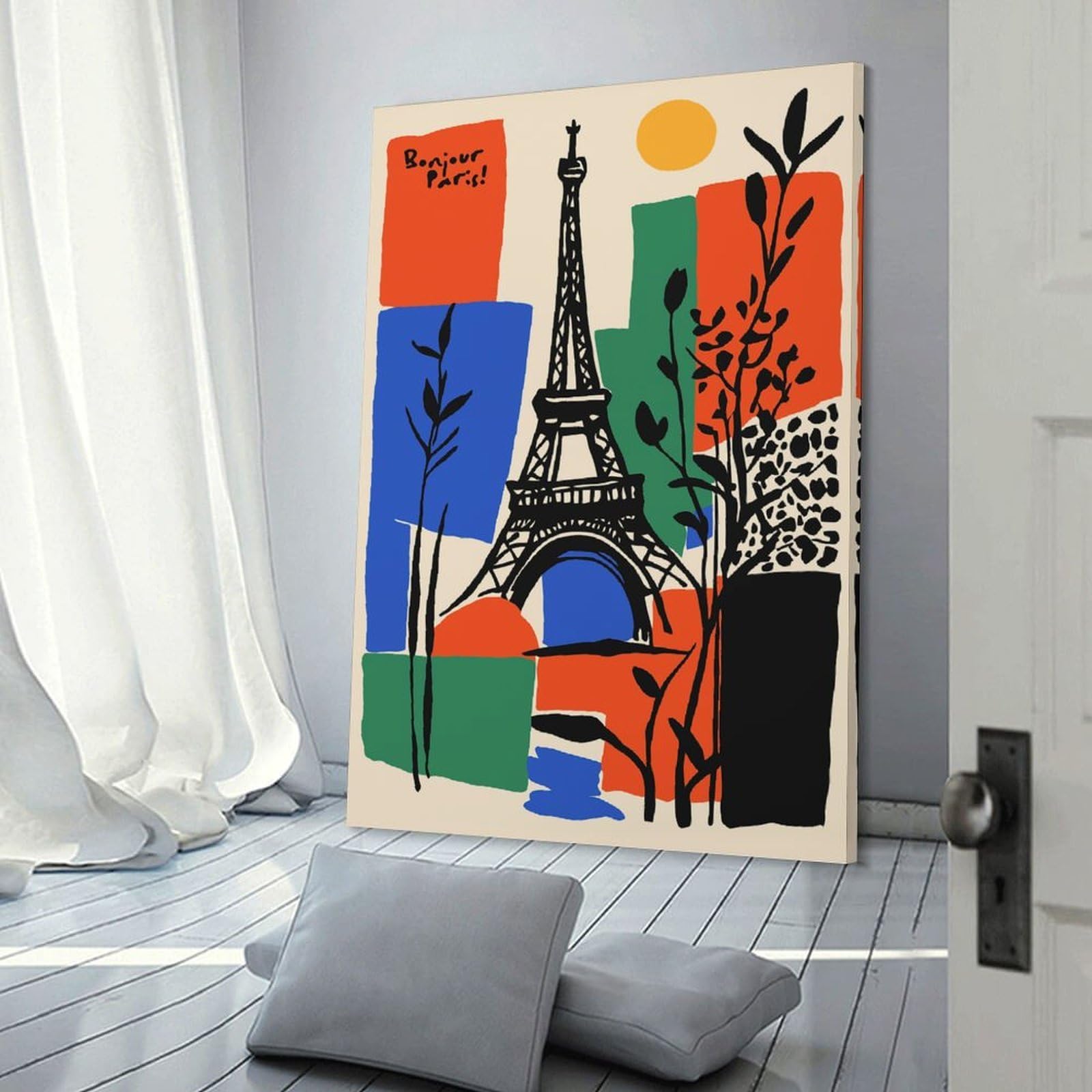Bonjour Paris Eiffel Tower Art Home Decor Wall Art 24x36inch(60x90cm), for Restful Interiors, Bedrooms Or Small Rooms, A Warm Accent for Relaxed Interiors