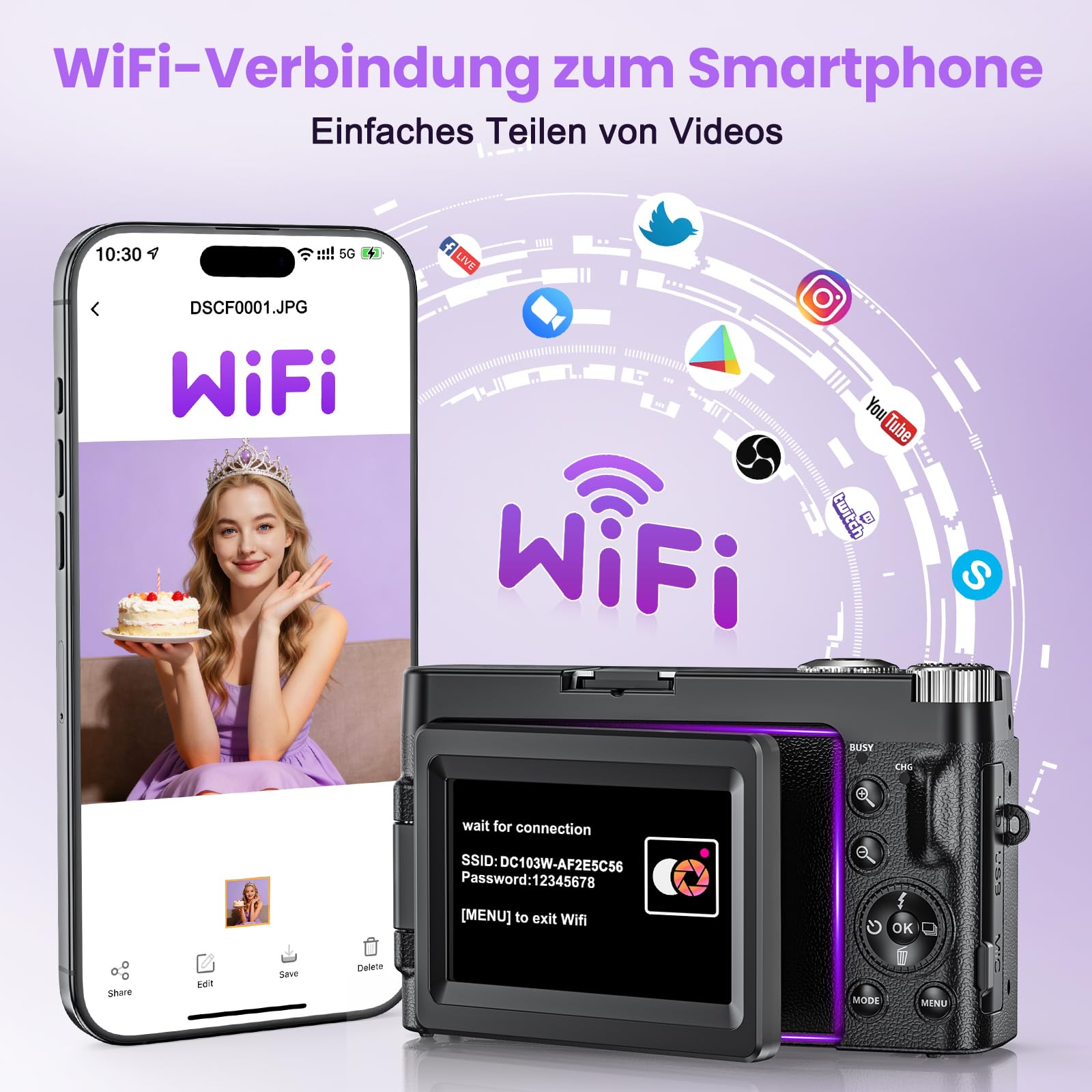 4K 64MP Digitalkamera mit WLAN und Autofokus, 3" 180° Klappbildschirm, Kompaktkamera mit 32GB Karte, Ladestation und 2 Akkus