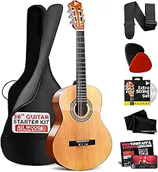 Pyle Kit de guitarra acústica para iniciantes, 3/4 júnior instrumento de madeira para crianças, adultos, cinza natural de 91 cm