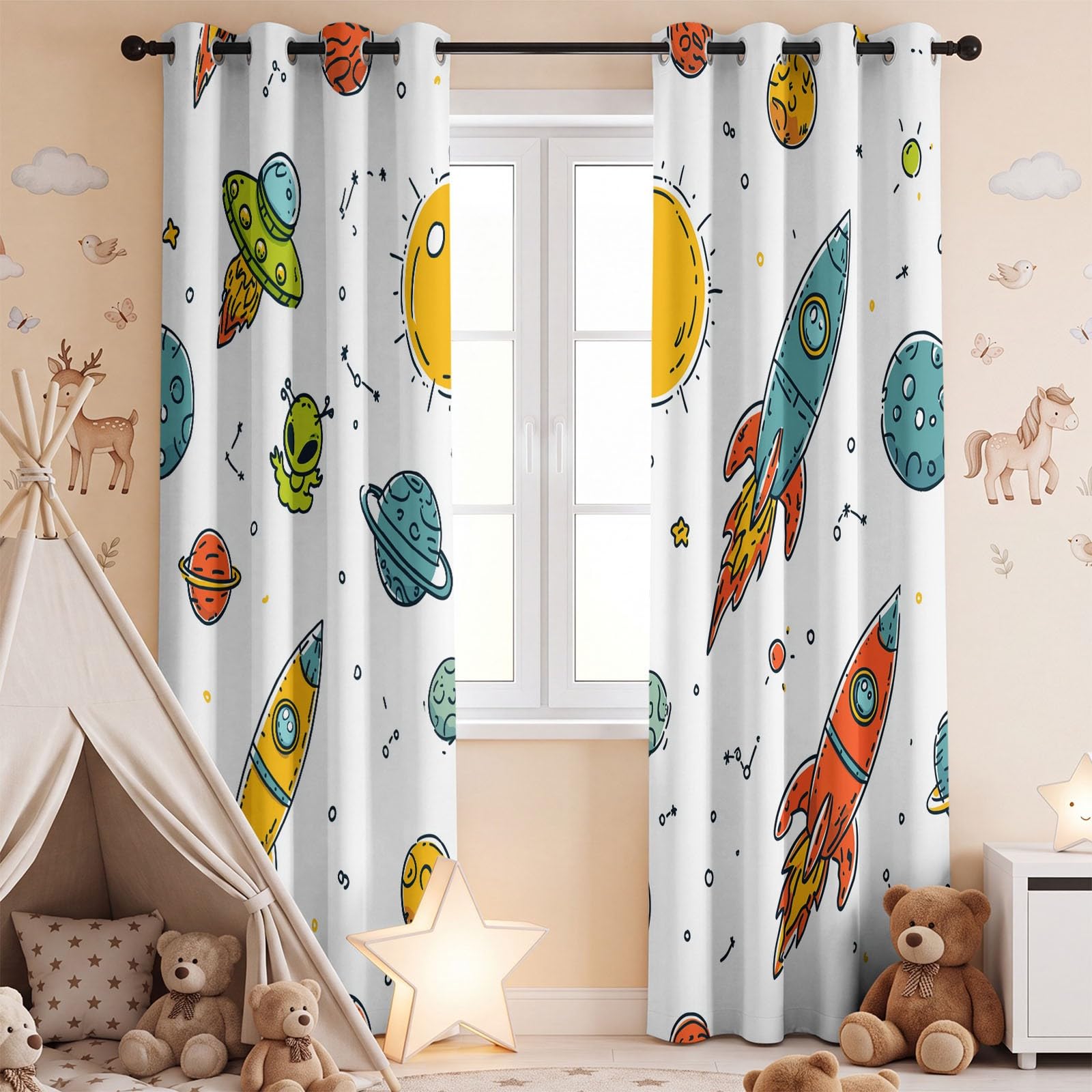 Space Kids Cortinas 95% opacas para oscurecer la habitación, con cohete alienígena, sol, estrellas, universo, tema espacial infantil, cortinas de ventana con aislamiento térmico para dormitorio, 52 x