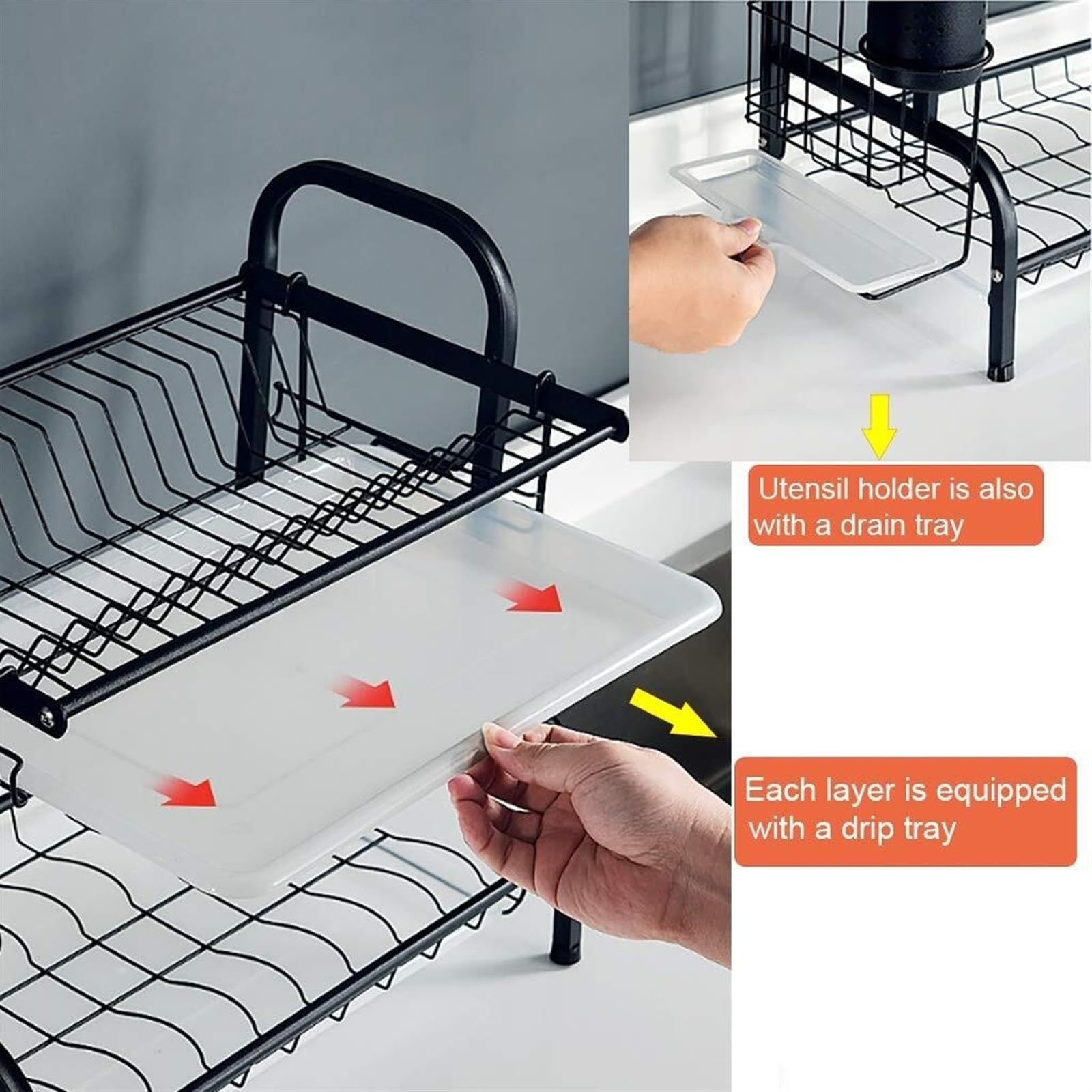 Escurreplatos Rejilla para Secar Platos De 3 Niveles, Acero Inoxidable, con Soportes para Utensilios, Cuchillos Y Tablas Cortar Organización Cocina(with no Holder)