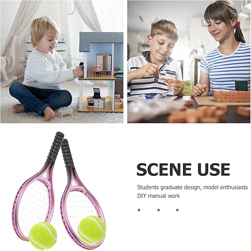 Miniatura 9 de Miniatures 3 juegos de mini raqueta de tenis, accesorios para casa de muñecas 112, mini raqueta de tenis deportiva y juego de pelota para mini casa
