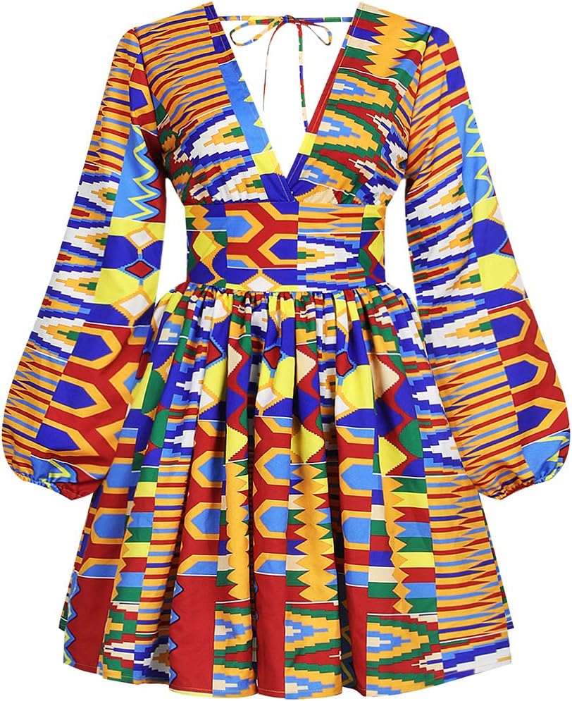 Mocure African Dashiki Printing Dress Long Sleeve Midi Fit Foraml A Line Swing Dresses