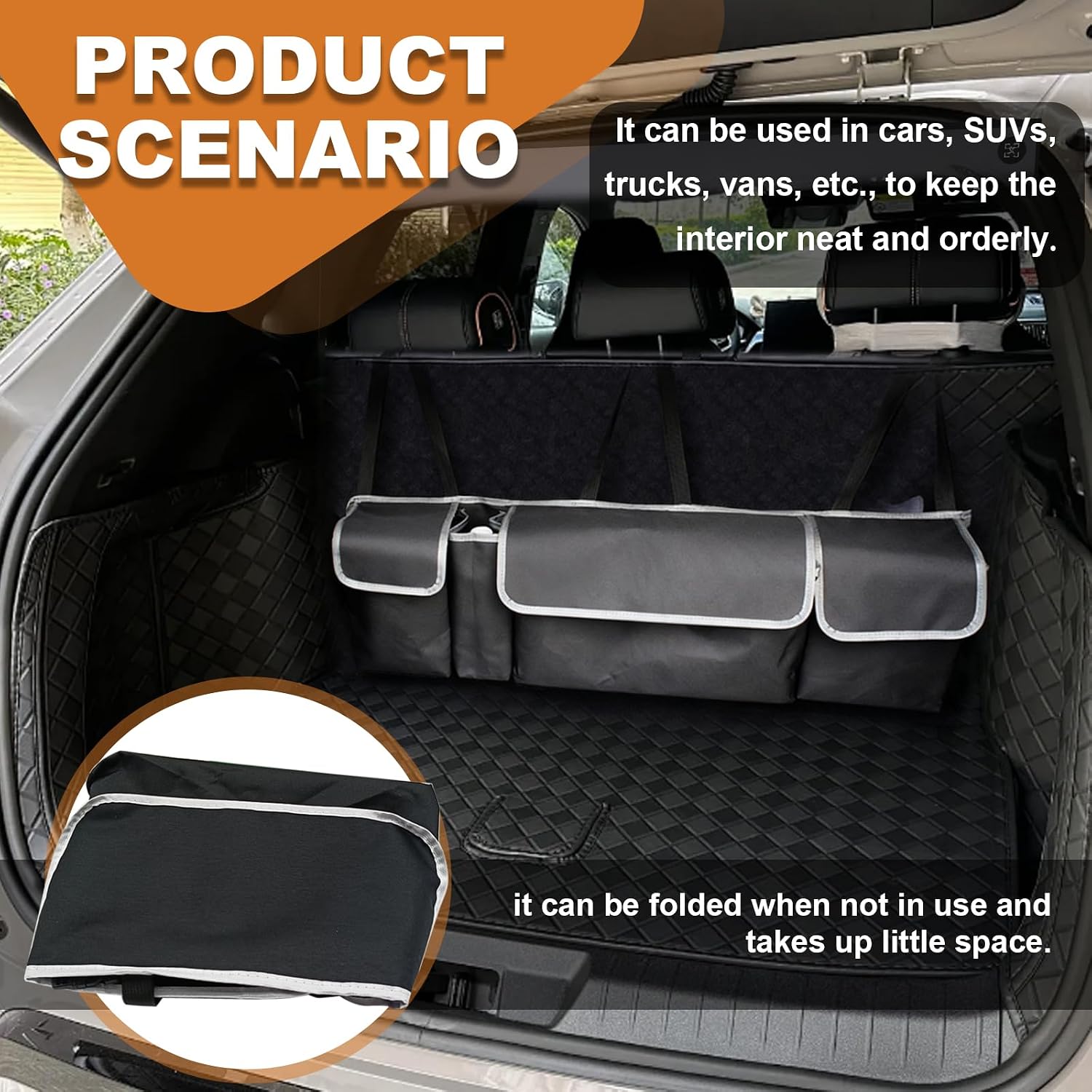 Car Trunk Organizer, Waterproof Collapsible Cargo Bag, with Adjustable Strap & 4 Pockets, Space Saving Car Back Seat Cargo Bag, Universal for SUVs, Vans, Sedan (Black)