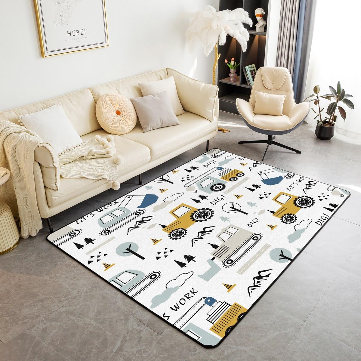 jejeloiu Construction Area Rug,Cartoon Equipment Trucks Decorative Carpet,Car Excavator Tractor Vehicles White Indoor Floor Mat,3x5