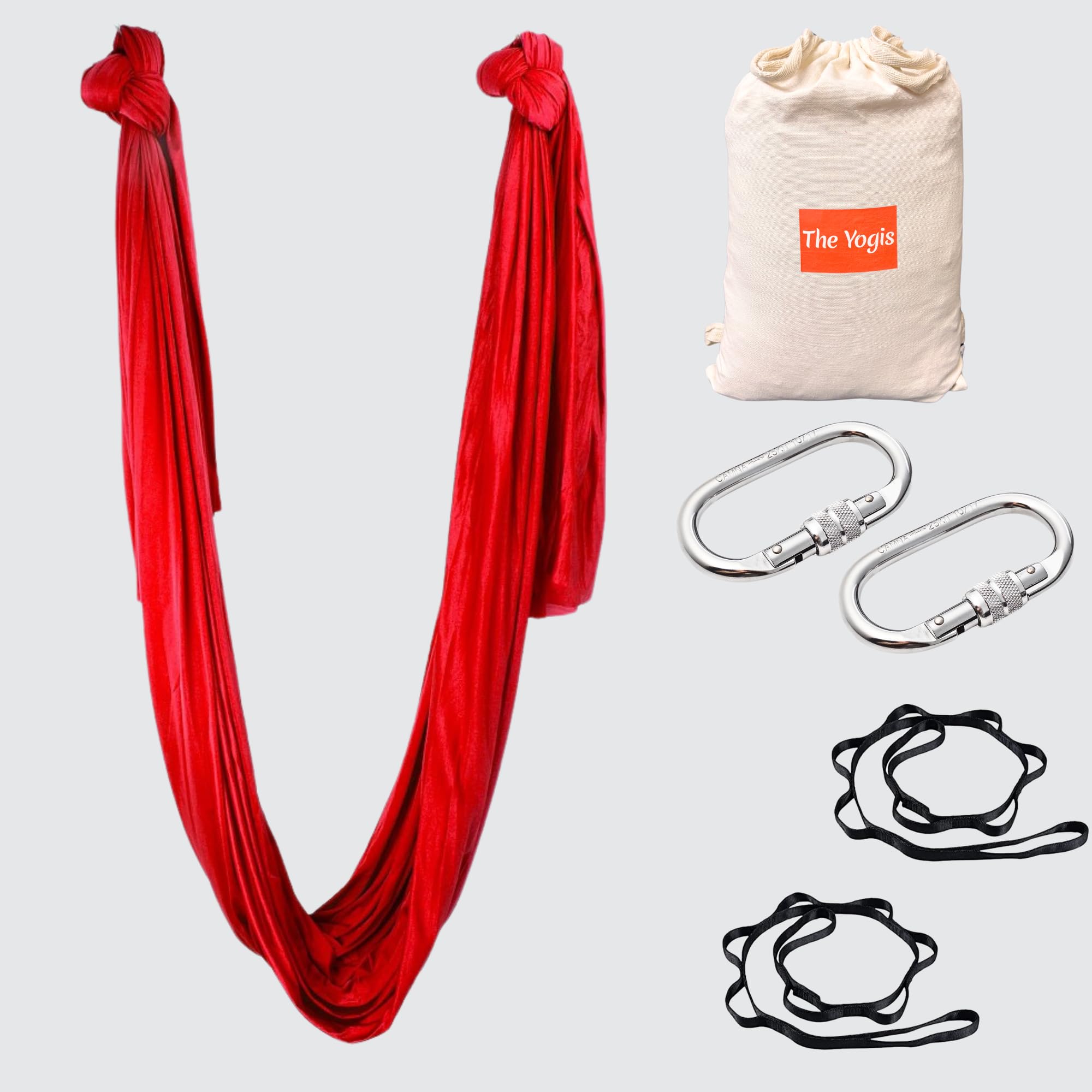 The Yogis Aerial Yoga Hammock Aerial Lycra Yoga Swing for Antigravity Yoga, Inversion Exercises, Improved Flexibility & Core Strength - Extension Straps, Carabiners (RED)