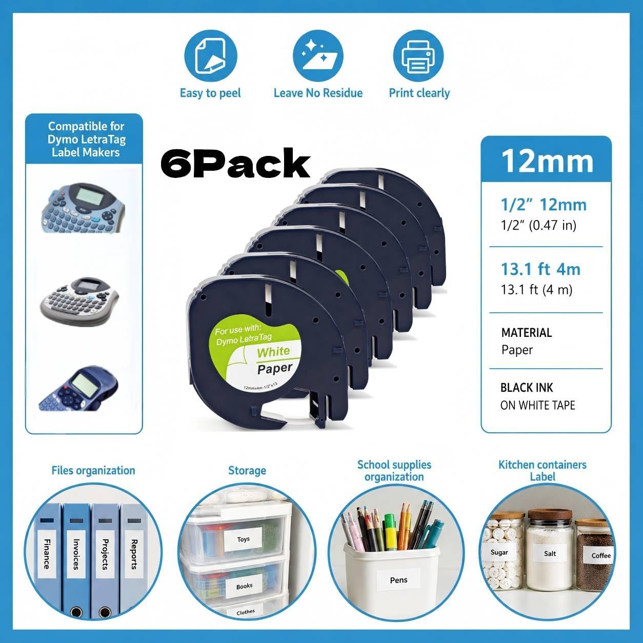 Compatible with Dymo LetraTag Label Tape Refills 91200/91330/91220/S0721510/S0721520 White Paper Label Maker Tape Replacement for LT-100H LT-100T QX50 XR XM 2000, 1/2inch*13ft, 12mm x 4m, 6 Pack