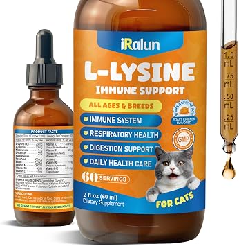 L-Lysine Supplement for Cats - Immune Support Lysine Drops of All Ages - Feline Respiratory, Sneezing, Runny Nose, Eye Function - Boost Natural Strengthen Defenses, Roast Chicken Flavor 60 ML