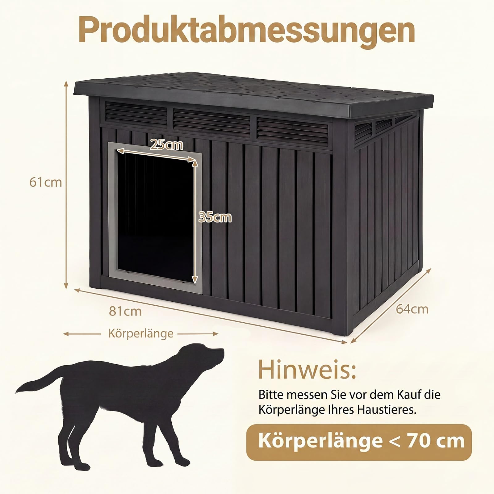 GYMAX Hundehütte Outdoor, Hundehaus für mittelgroße Hunde, Isoliert & Wetterfest, Kleintierhaus mit aufklappbarem Schrägdach, Lüftungsöffnungen & Drainagelöchern, 81 x 64 x 61 cm, Schwarz