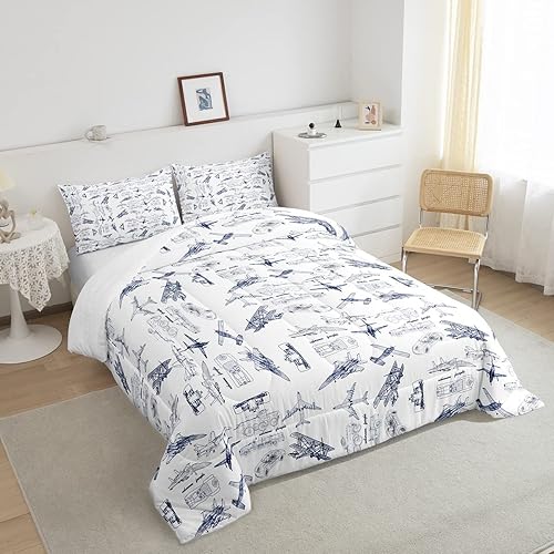 Miniatura 4 de Feelyou Juego de ropa de cama con estampado de aviones para niños y niñas, juego de funda de edredón de microfibra estilo boceto azul y blanco,