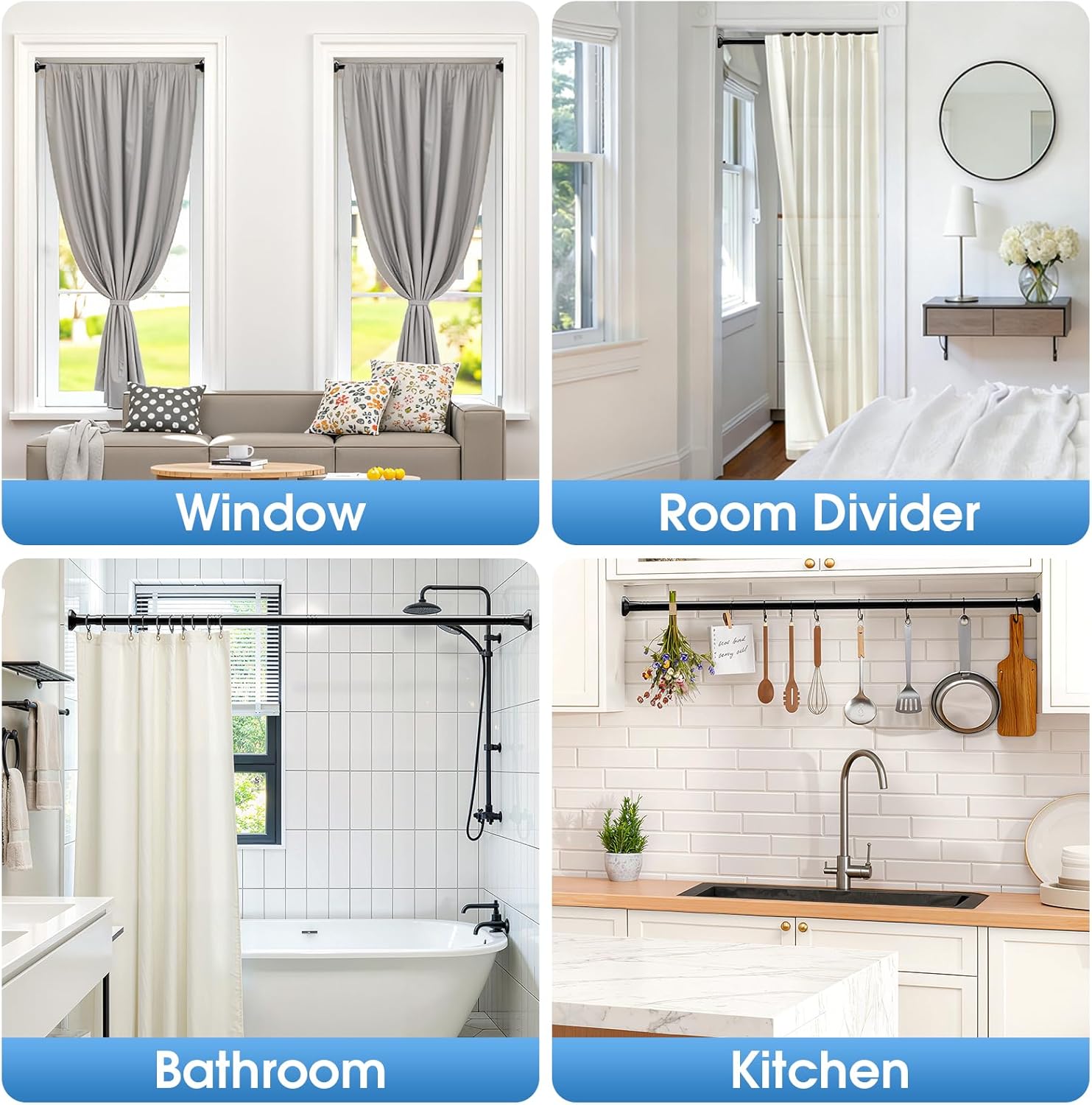 TasticTotes Shower Curtain Rod 30-74 Inch, 1" Diameter Adjustable Spring Tension Rod No Drill Required, Rustproof Stainless Steel, Anti-Slip Bathroom Rod, Black