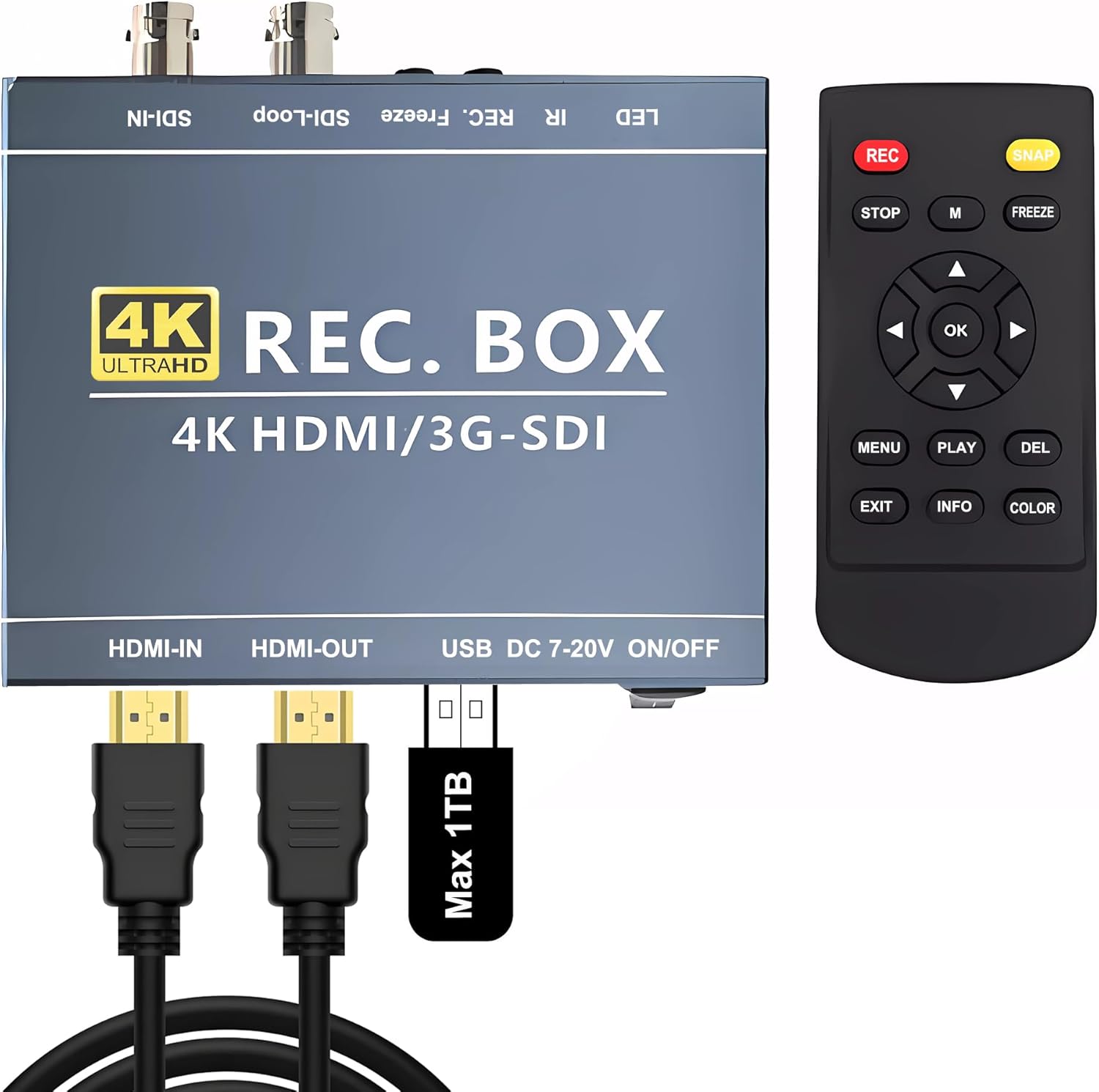 Mini DVR SDI TVI HDMI Recorder with SDI-Loop, SDI to HDMI Converter, 4K HD Video Capture Box for SDI Camera MP4 Digital Recorder Support 1TB U Disk 4K30 1080P60 IR Remote