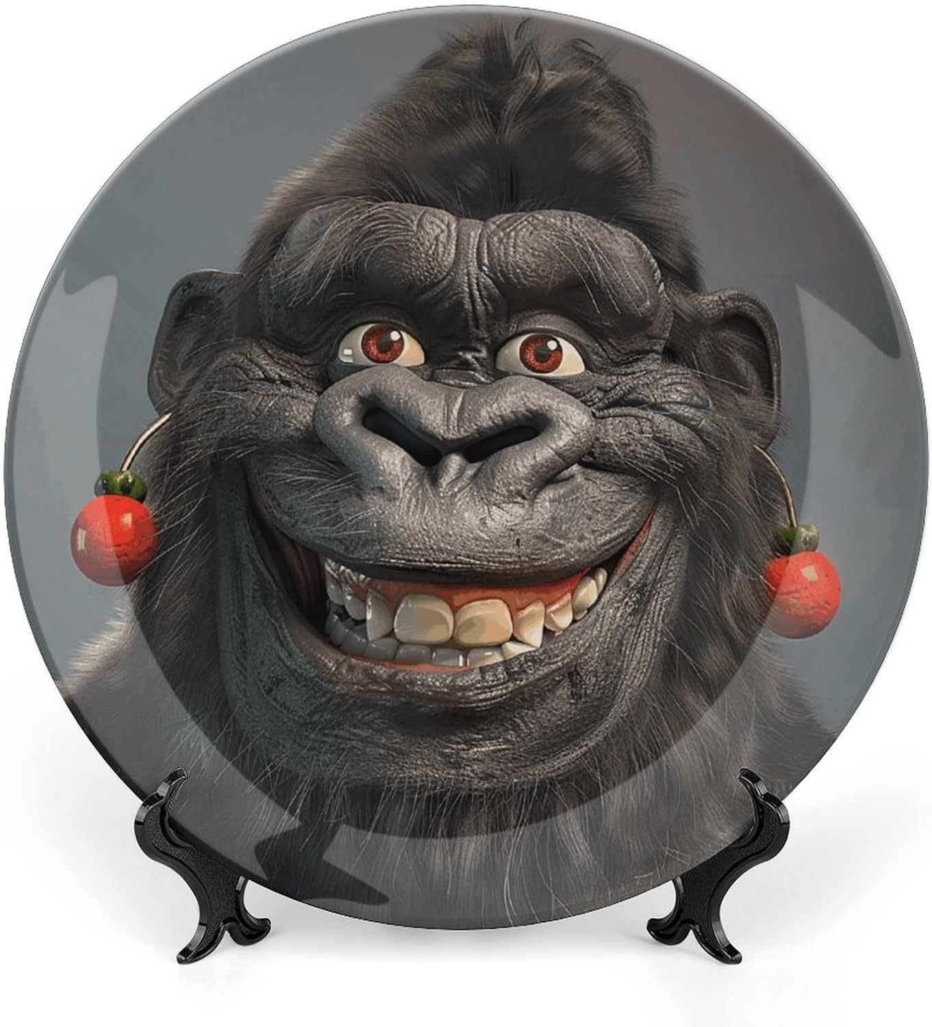 Smiling Gorilla Photo Ceramic Decorative Plate for Office Decor, Chinese Style Decorative Dish with Stand, Dinner Dish Decorative Plates for Wall Hanging Bone Collections Plates 10inch