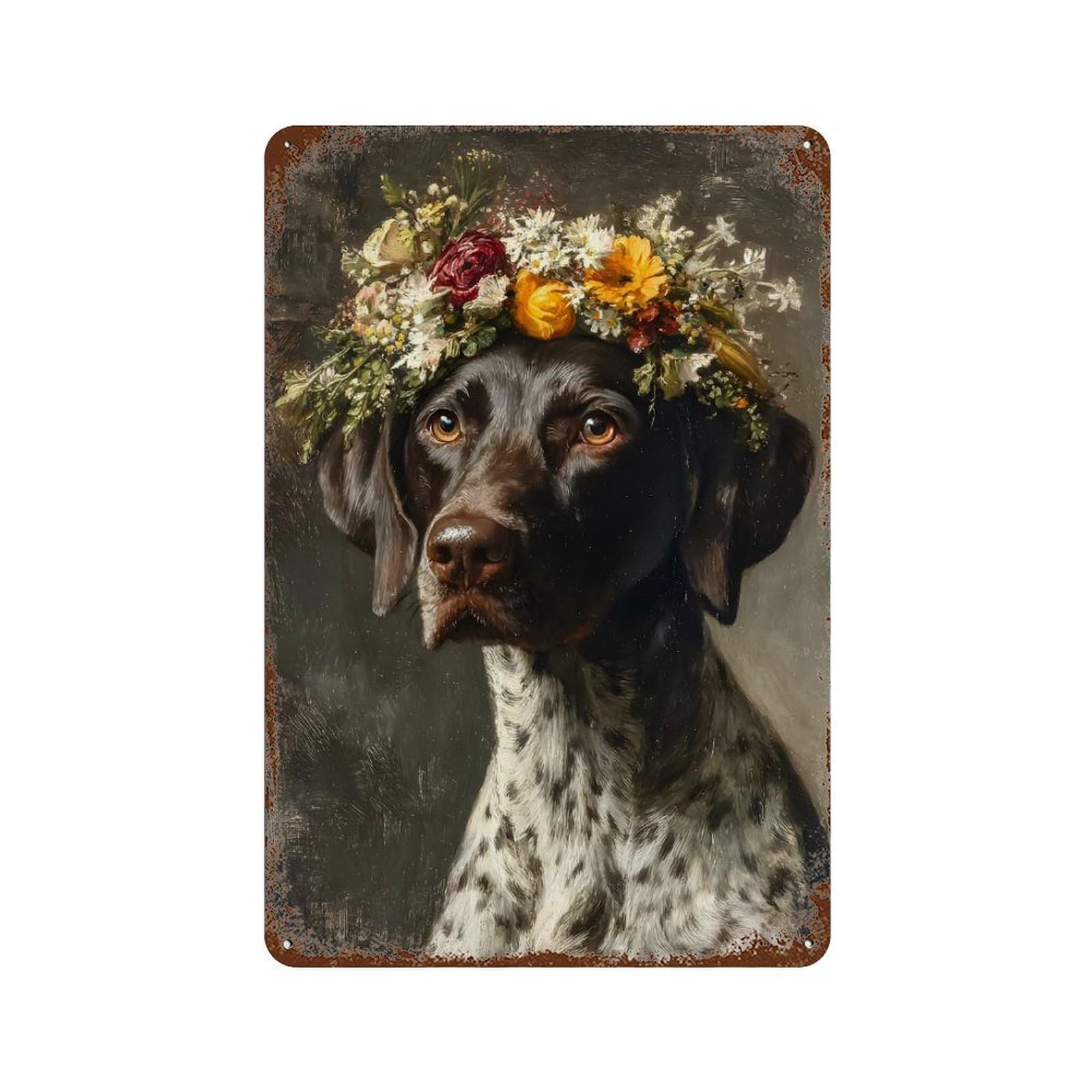 Dog with Flower Crown Portrait Distressed Metal Wall Sign 11.8"x7.9", Ideal for Cafe, Home Bar And Lounge Decor